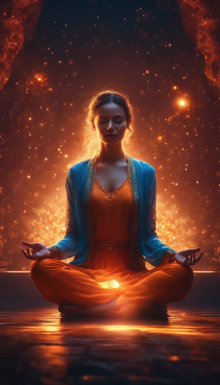 a pregirl，Meditate cross-legged, at centre，Very bright colors, Light particles, with light glowing, Mshiv, wallpaper art, UHD wallpaper