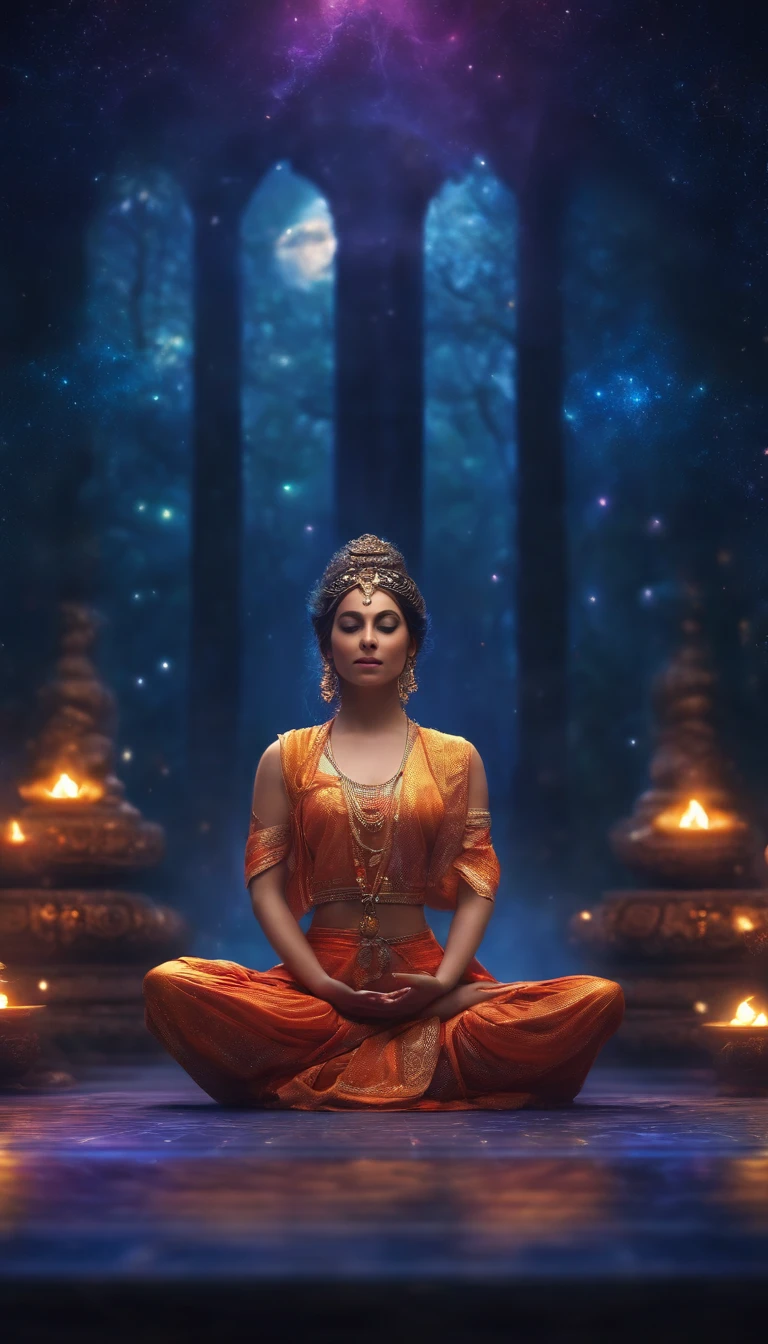 A cinematic figure in meditation, surrounded by natural elements and lighting symbols, transmitindo a ideia de profundidade, Self-conscious reflection