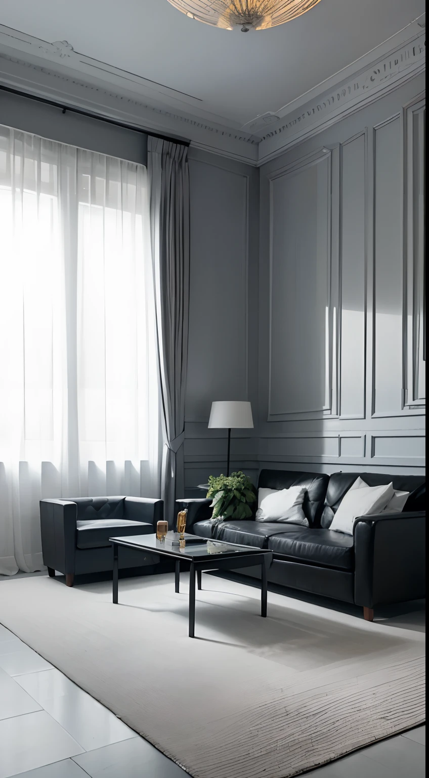 tmasterpiece，best qualtiy，（（best qualtiy）），（tmasterpiece），（realisticlying）（Bright colors：1.2），symetrical composition,Bright tones，No Man，Simple lines and large areas of white walls create the brightness of the space。Above a dark gray strip of carpet,It is a combination of a three-person gray cloth sofa and a glass coffee table。Curtains are black and white panes,Sunlight shines through it,Form a pattern on the ground。Several pots of greenery are placed in front of the window,The interior of the house is decorated in black、blanche、Gray predominantly。，Fundo sala de estar