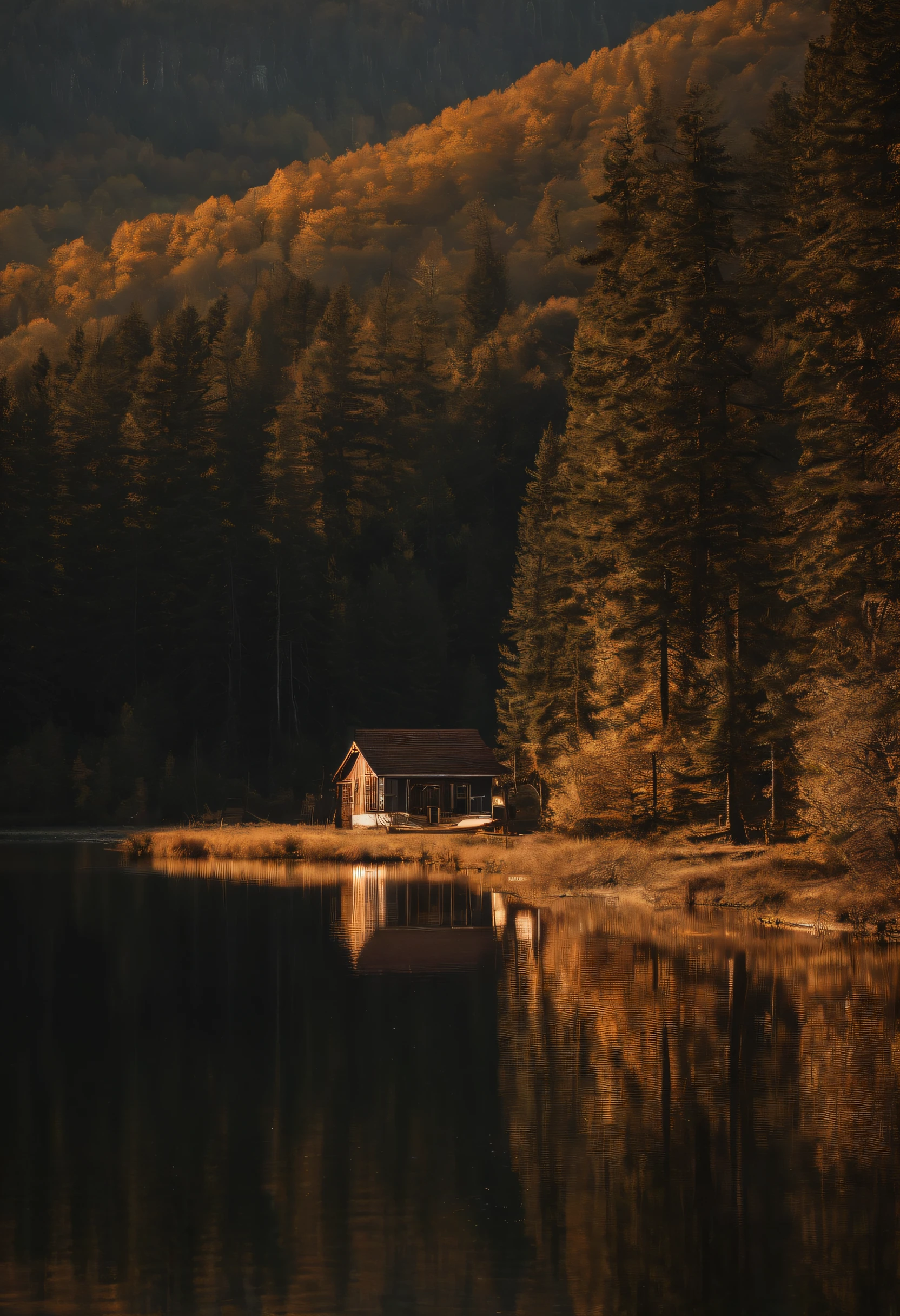 Golden pine forests on the mountains in the distance,A house by the lake,A big golden tree,In the lake is a reflection,Landscape photography,professinal,k hd,the detail