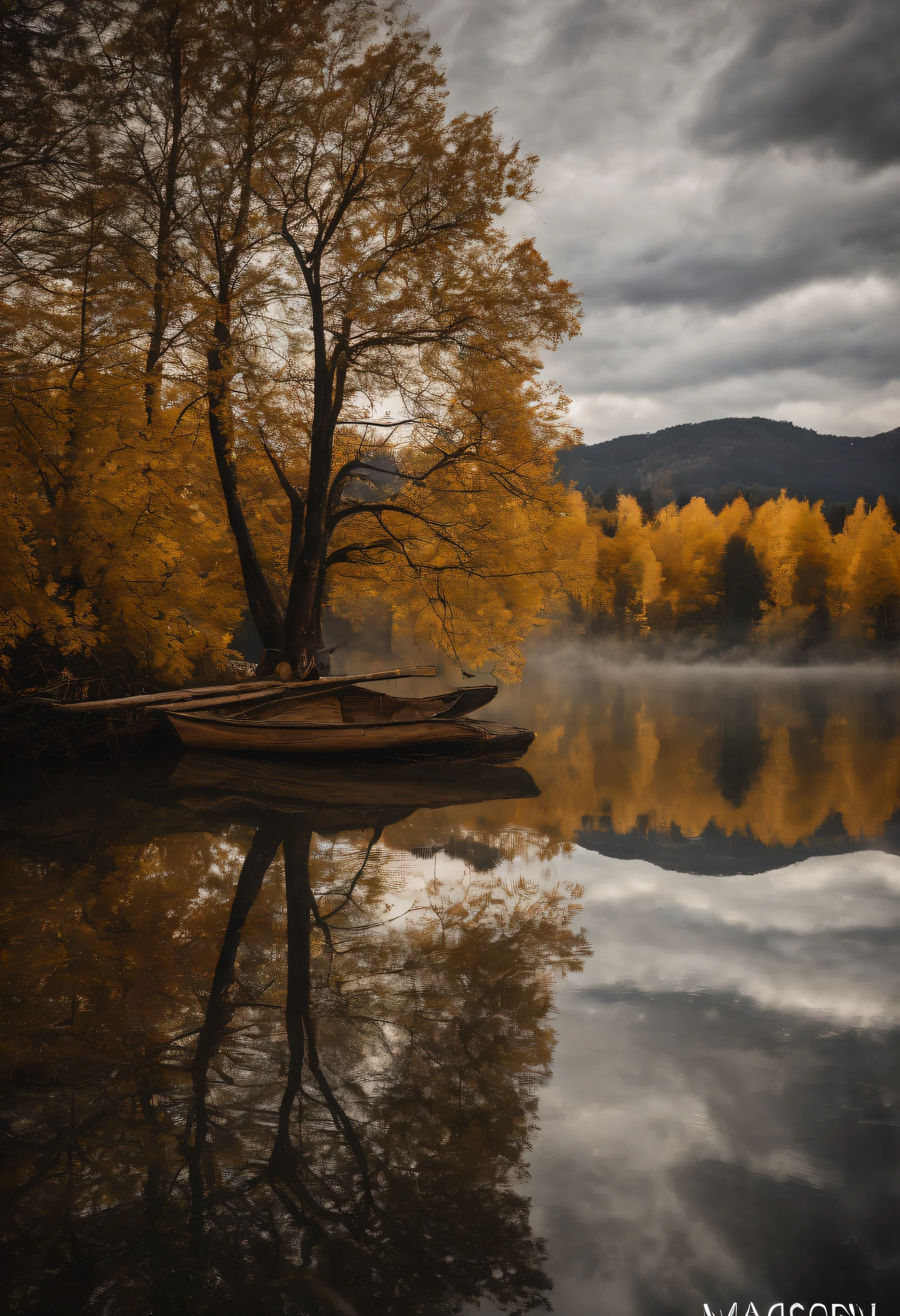 Golden pine forests on the mountains in the distance,A house by the lake,A big golden tree,In the lake is a reflection,Landscape photography,professinal,k hd,the detail