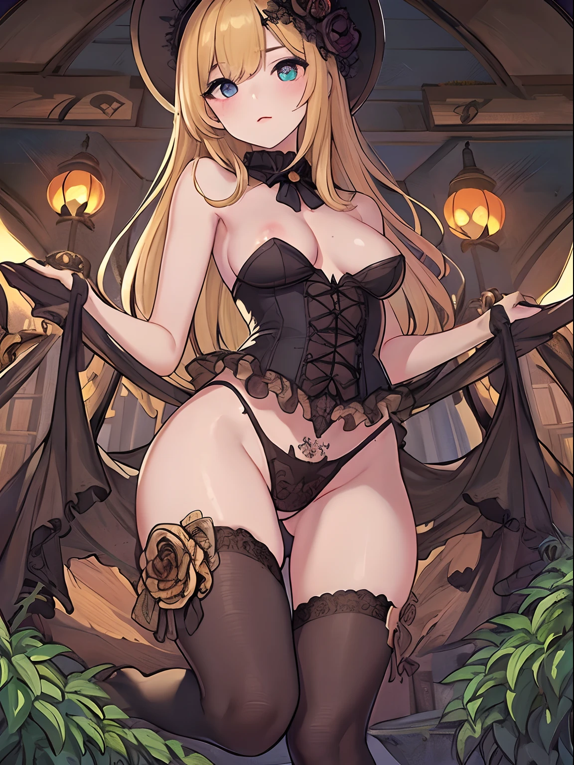 (​masterpiece:1.2)、top-quality、hight resolution、unity 8k wall paper、(illustratio:0.8)、(beatiful detailed eyes:1.6)、extra detailed face、Perfect litthing、Highly detailed CG、(Halloween)、 Fantastical、(perfect hand、perfect anatomia)、Opening legs　From below　From the ground　Cosplay Girls　Underwear pattern　Look away and peek　NSFW