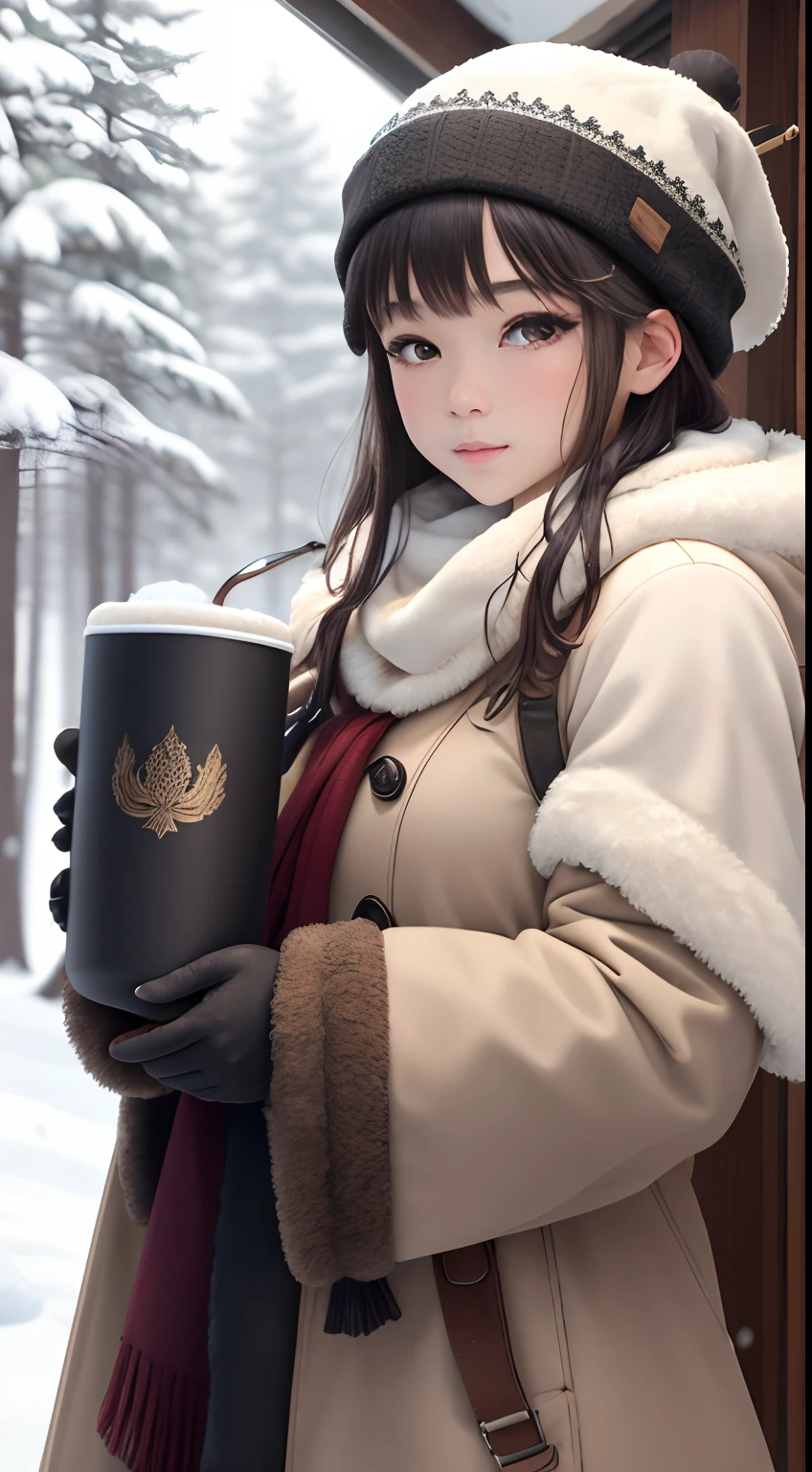 (​masterpiece、top-quality)、1girl、intricate-detail、One lady。Winter hats for the military。Military fur cloak。Thick gloves。Shrug your shoulders coldly。Sip steaming coffee from a single mug in each hand beside a retro-style battle tank。He stares ahead with a grim expression。It's snowing。Upper body portrait。The background is a snow-covered coniferous forest。