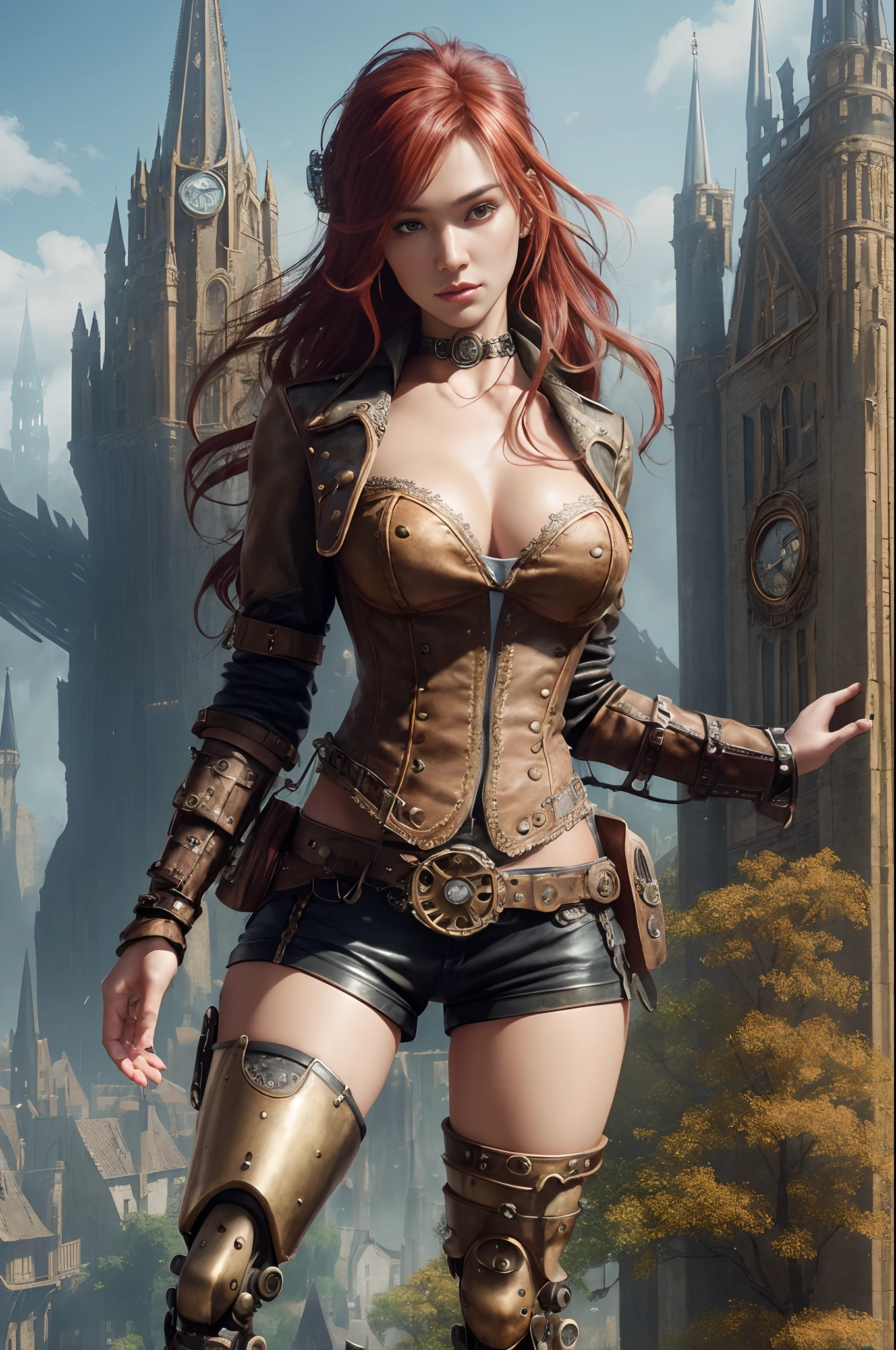 realistic, detailed, realistic details, intricate detail
break,
1girl, solo, cyborg, (((mechanical arms, mechanical legs))), long hair, choker, beautiful, slender, petite, cleavage, small breast, detailed skin complexion, tanned skin, silky skin, bustier, open leather jacket, skin tight shorts, dynamic pose, red hair
break,
(((fantasy environment, medieval cityscape, fantasy world, steampunk))), intricate and detailed background, volumetric fog, people in background, wild west
break,
portrait, wide perspective, f1.4/35mm, depth of field, proportion, sharp focus, depth and dimension, proportion, rule of third