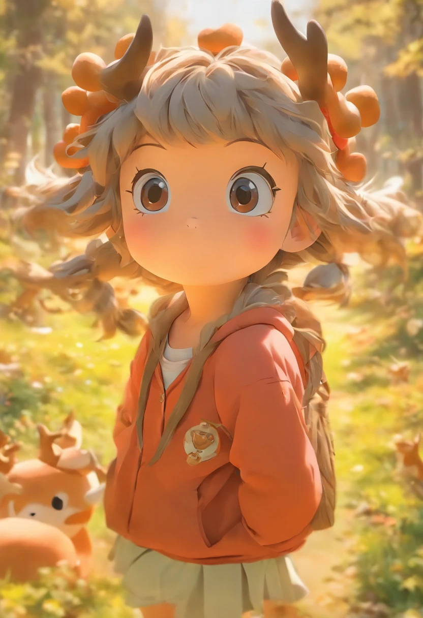 Q version of the cute five-year-old girl，Wear antlers on the head，The eyes are bright and clear，Carrying a bag in the shape of a tea leaf，Realistic proportions, Post-processing, ((Orthogonal perspective)), Super detail, Realistic, Super realistic, photoreal render,