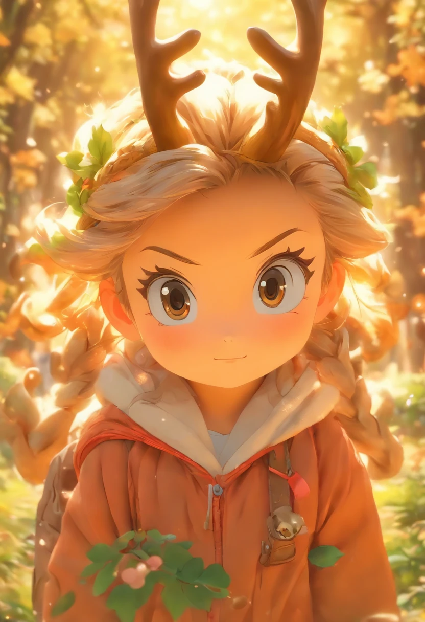Q version of the cute five-year-old girl,Wear antlers on the head,The eyes are bright and clear,Carrying a bag in the shape of a tea leaf,Realistic proportions, Post-processing, ((Orthogonal perspective)), Super detail, Realistic, Super realistic, photoreal render,