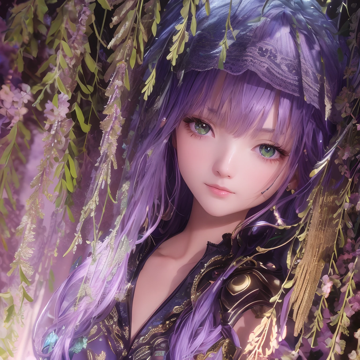 masterpiece, top-quality, (the Extremely Detailed CG Unity 8K Wallpapers), (top-quality), (The best illustrations), (Best Shadows), absurderes, Realistic lighting, (abyss), beautiful detailed brilliance, Art by Peter Mohr Bacher, soft lips, shiny lip, A detailed eye, light purple hair,green colored eyes
