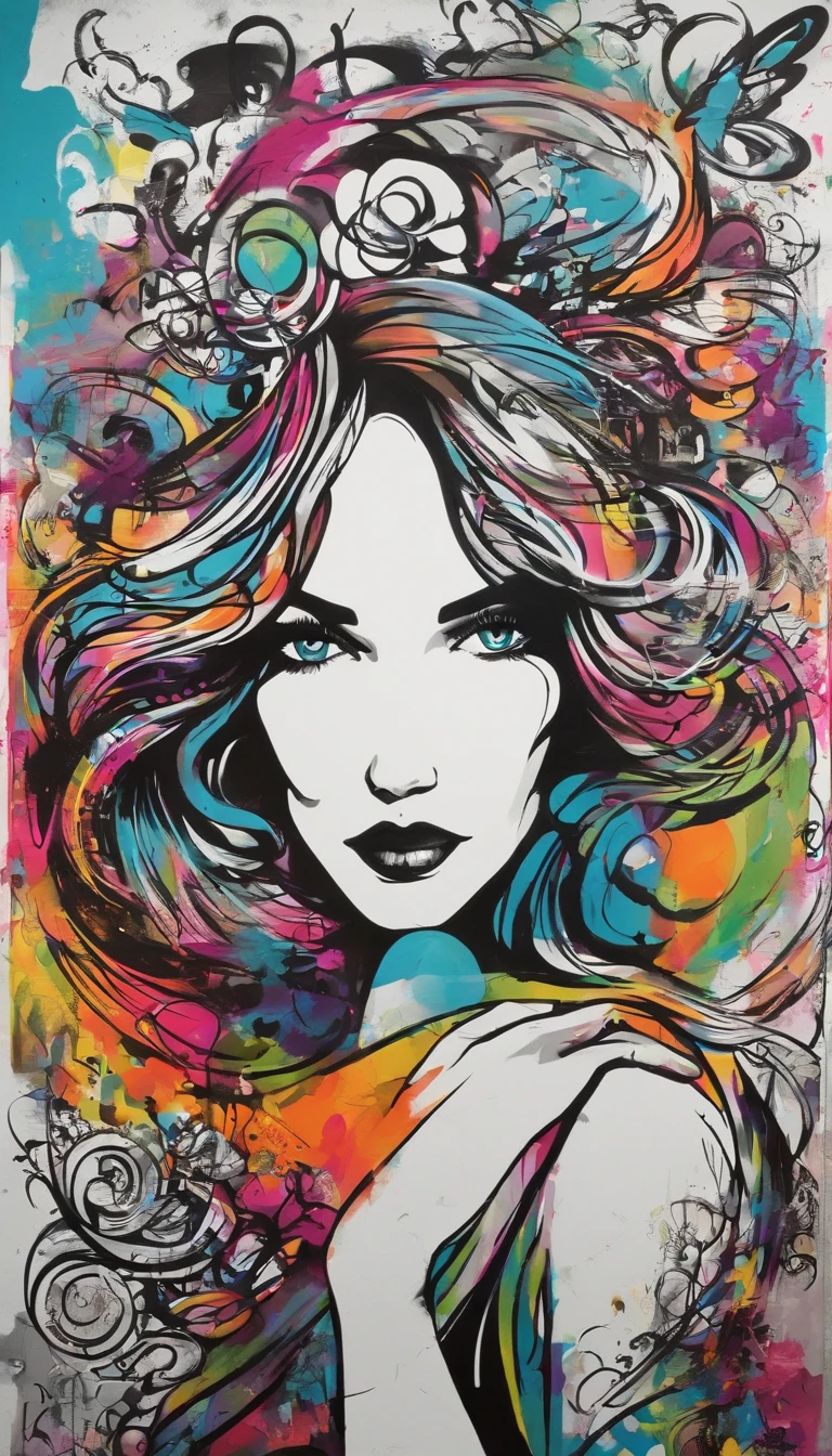 parede grafitada, desenho de uma mulher com uma lata de tinta