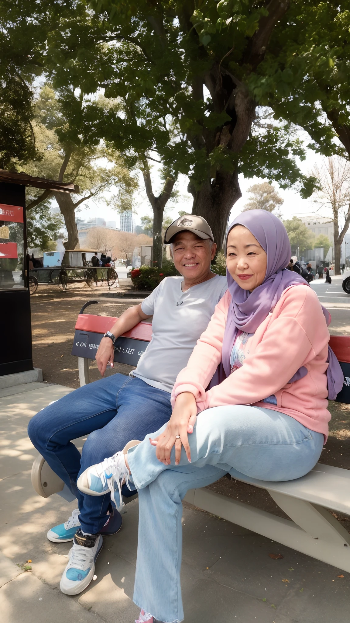 there are two people sitting on a bench in the park, lovely couple, potrait, couple, happy couple, protrait, full protrait, wpol and sarasti, couple pose, a picture, wining, photo portrait, scandy and arender, shot on nikon z9, panting, foto, a portrait, sad scene, full device