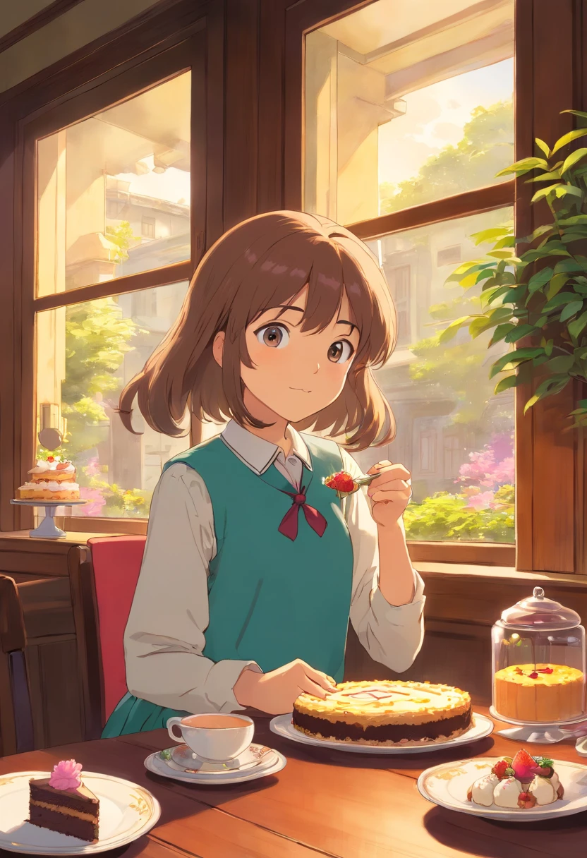 a girl eat cake in a dinner, her see outside window