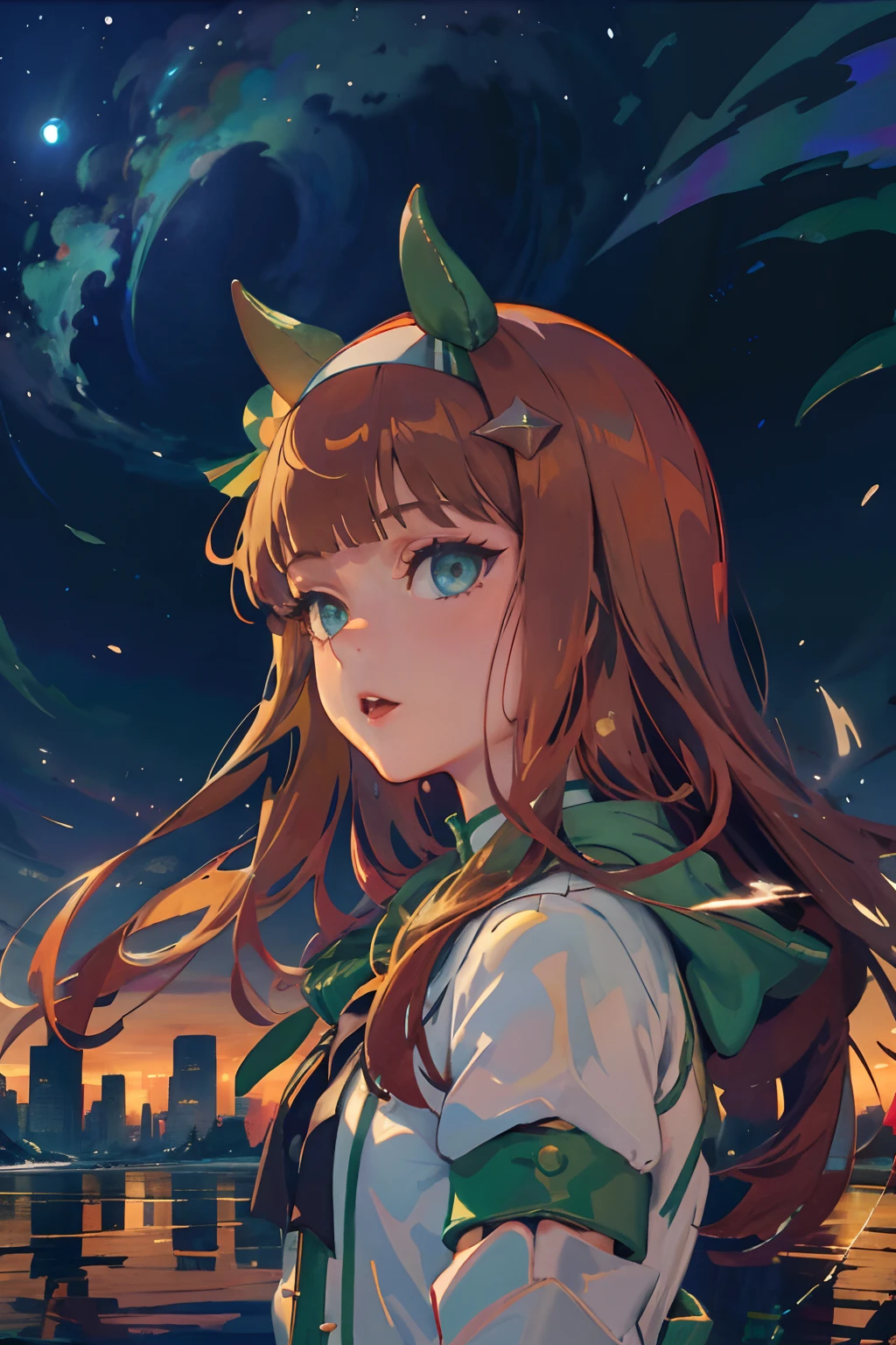 Official art, Unity 8k Wallpapers, ultra-detailliert, Beautifully Aesthetic, masterpiece, top-quality, realisitic, a closeup, Skindentation, interface, A detailed eye, A detailed face, detailed hairs, black backgrounds, straight-on, looking at the viewers, The sheen, Anime, Watch the audience with a carrot, highly detailed with reflections transparent iridescent opaque jacket, Long transparent iridescent RGB hair, 1girl in, Solo, fronds, Long hair, Blurry, Shirt, Parted lips, Outdoors, Floating hair, Long sleeves, White shirt, Bangs, Upper body, Open mouth, tusk, Brown eyes, Wind, Winters,Yuki,snowscape,Blurry background, day, depth of fields, bug, Uma Musume,Silence Suzuka,