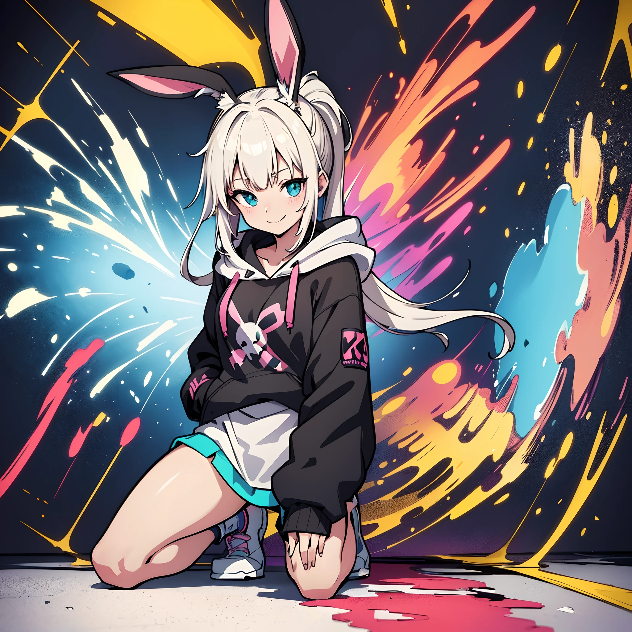 A bunny girl wearing a paint-stained hoodie is kneeling on one knee with a fearless smile in front of colorful paint splattered on the wall,anime style, (beautiful illustration1.3), (extremely detailed CG unity 8k portrait:1.3), (highly quality), (Breathtaking Scenery:1.3), raytracing
