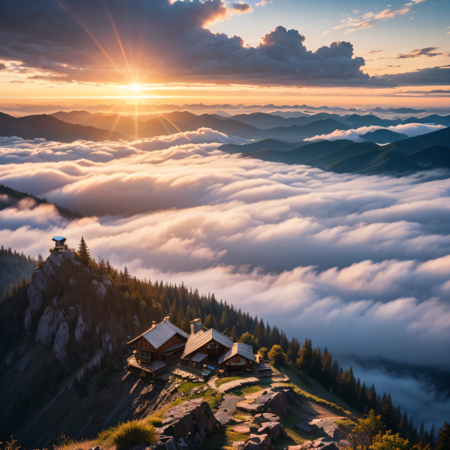 Mountain Cabin near the summit, Mountain Cabin and sea of clouds, (the moment of sunrise), Lens flare:1.5, (Masterpiece), (Best Quality), (Ultra high Detailes)