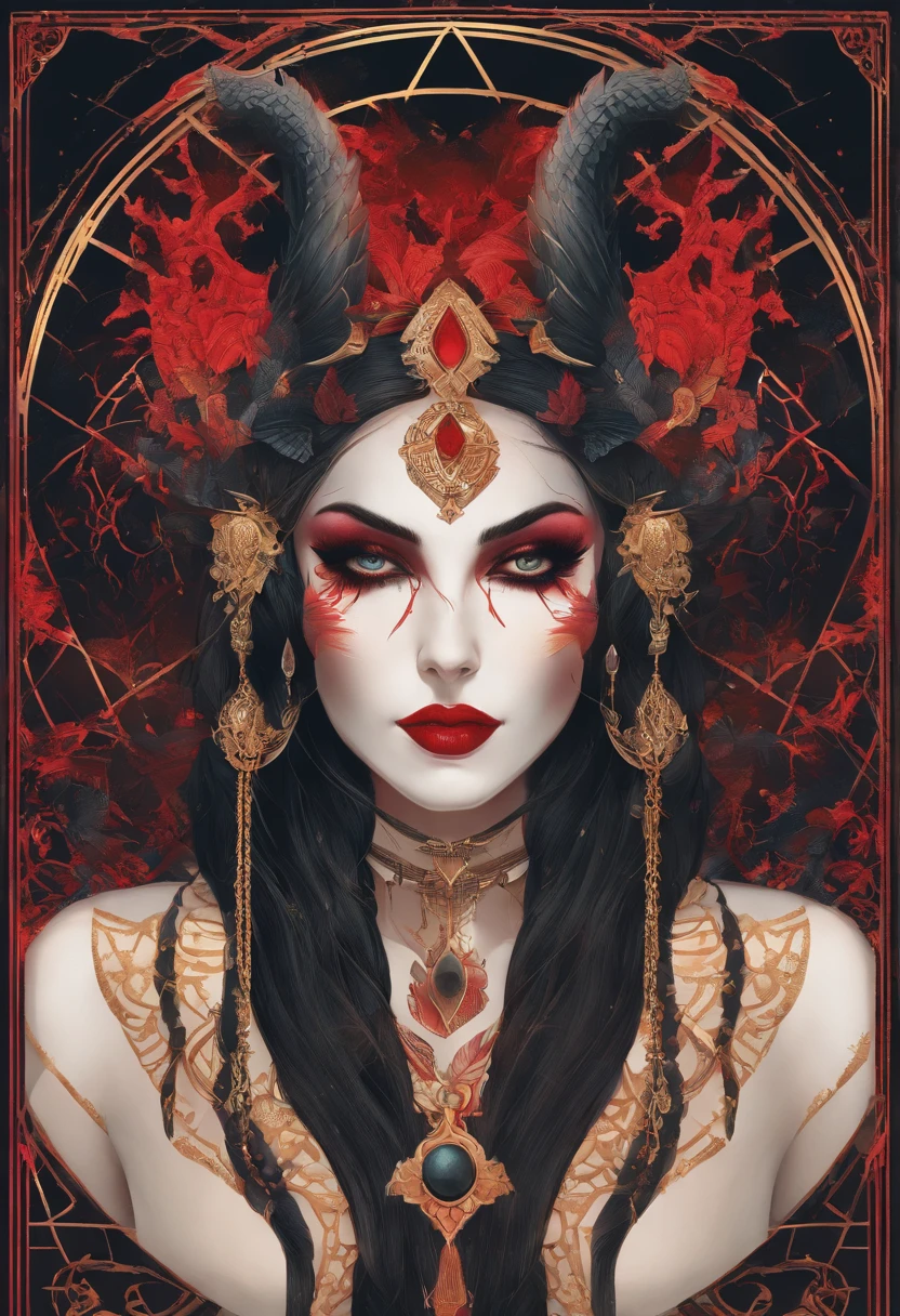 demonic woman with horns and blood on her face, an ultrafine detailed painting inspired by Art of Brom, featured on Artstation, gothic art, artgerm and tom bagshaw, tom bagshaw inspired, in style of dark fantasy art, portrait of demon girl, tom bagshaw artstyle, artstyle tom bagshaw, exquisite creature poster art