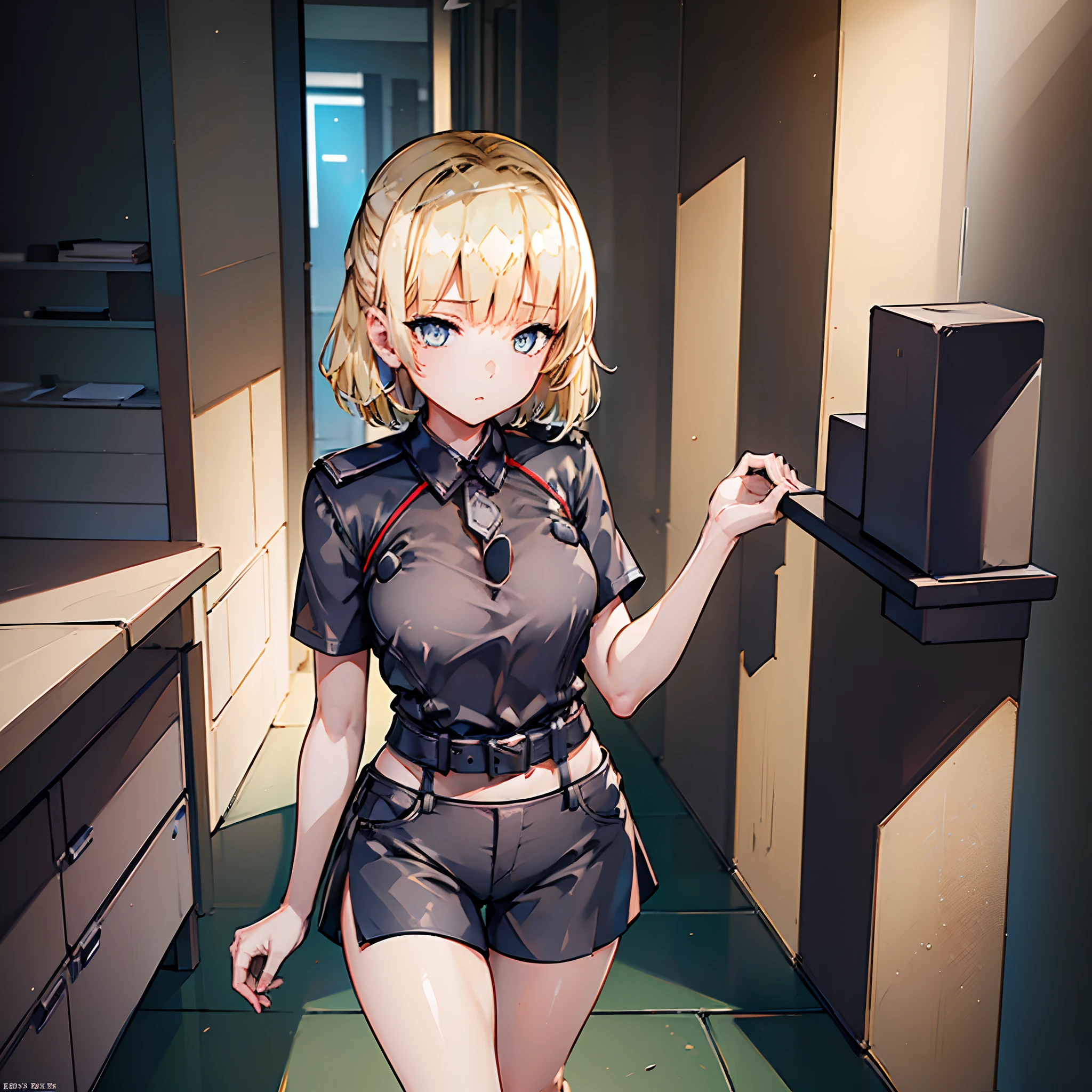 ((1girl in))、​masterpiece, top-quality, (the Extremely Detailed CG Unity 8K Wallpapers), (top-quality), (The best illustrations), (Best Shadows), absurderes, Realistic lighting, (abyss), beautiful detailed brilliance,cute blonde girl、cute  face、elegant sleek smooth body、full body Esbian、Short bob hair、a blond、blue eyes、Black tank top、sexy black shorts、Wearing black shorts