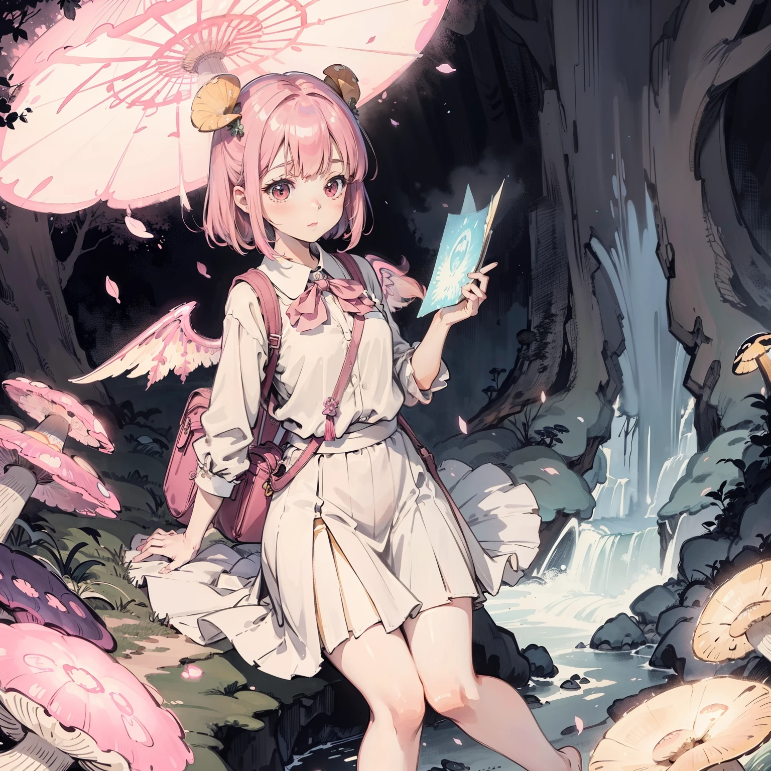 Beautiful and aesthetic,, Solo,Cute,Pink hair,pleatedskirt,Dance,Fairy wings,Light wings unfolded,Cogumelos,Mushrooms,Huge mushrooms,spore,(glowing ambiance, enchanting glow, luminouslighting, Ethereal atmosphere,Watercolor illustration, Perfect anatomy, Masterpiece, Best quality, 1girll, li,eookbag,Nature, landscape