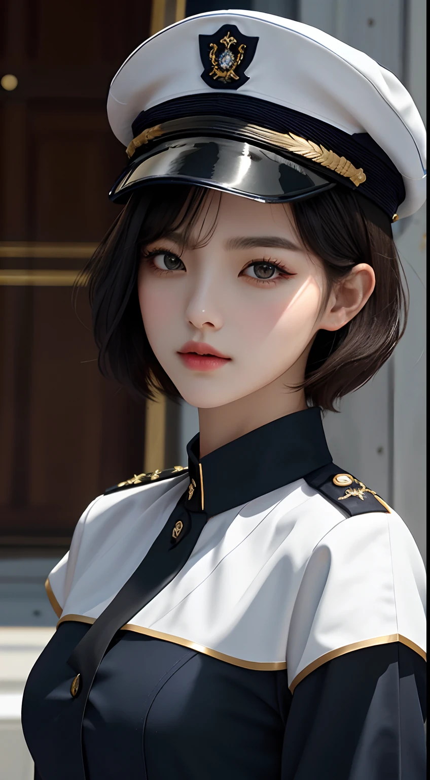 girl, a, top quality, chest above, beautiful, pretty, glossy, warship, short hair, masterpiece, cat's eye, navy uniform, long black hair, with military cap, sharp eyes, white, pure desire