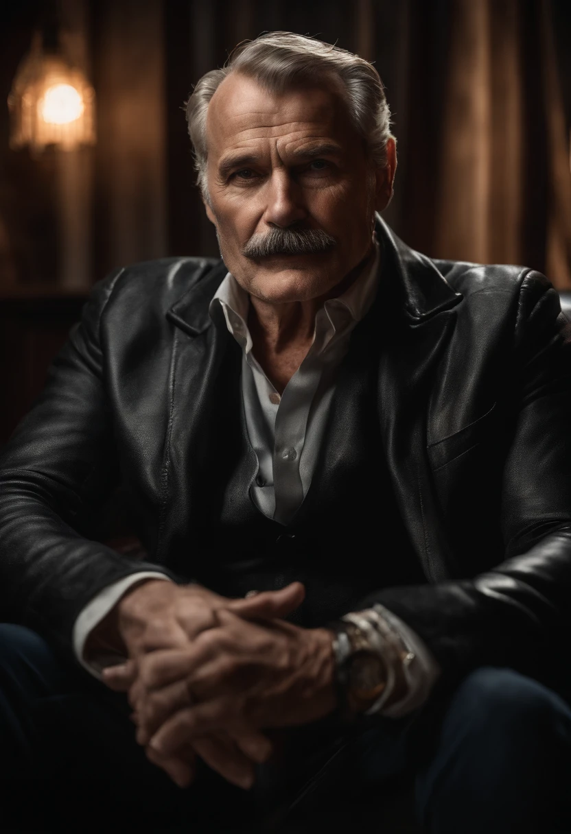 Portrait of a handsome 60-year-old man, well dressed, assis dans un fauteuil en cuir, Pas de barbe, pas de moustache, Regarder le spectateur, Veilleuses, city lights, Clair de lune, nuit4k, Fujifilm XT3, 8k, Max Result, photographed on a Kodak, award-winning photograph, (ultra realist:1.5), (Best quality:1.5), photoreallistic, detailed skin texture, Masterpiece, (photoreallistic:1.4), Photo brute, ombrage parfait, realism, photographie, Detailed facial texture, Detailed lip texture, Ear detail, Detail eye, profondeur de champ,homme noir