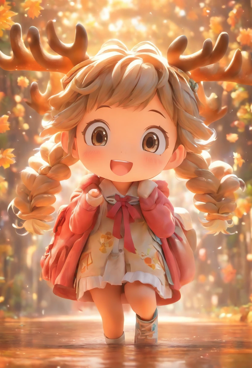 Q version of the cute -year litt image,Wear antlers on the head,The eyes are bright and clear,Carrying a bag in the shape of a tea leaf,Realistic proportions, Post-processing, ((Orthogonal perspective)), Super detail, Realistic, Super realistic, photoreal render,Glossy and delicate,Clean background, 3D rendering of,adolable
