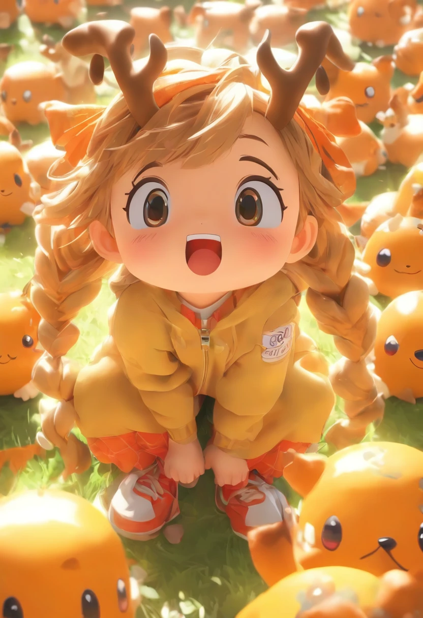Q version of the cute five-year-old little girl,IP image,Wear antlers on the head,The eyes are bright and clear,Carrying a bag in the shape of a tea leaf,Realistic proportions, Post-processing, ((Orthogonal perspective)), Super detail, Realistic, Super realistic, photoreal render,Glossy and delicate,Clean background, 3D rendering of,adolable