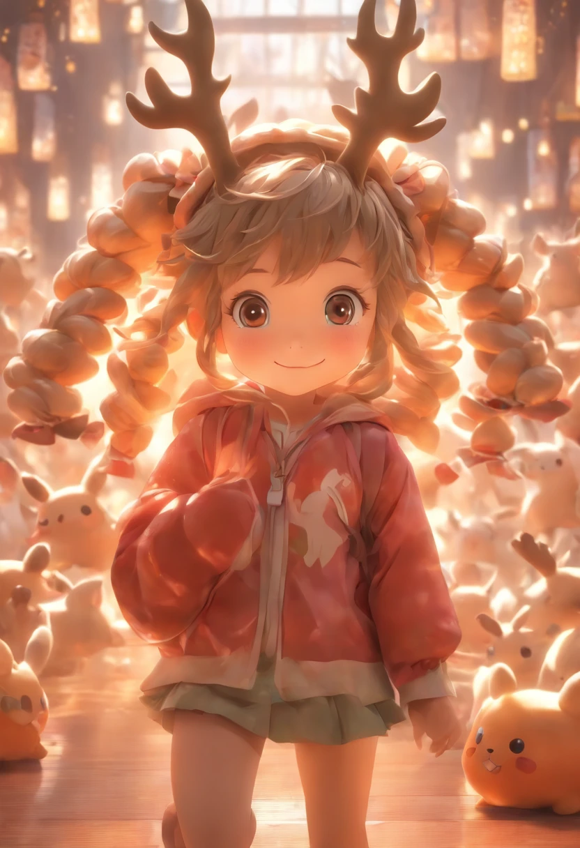 Q version of the cute five-year-old ,IP image,Wear antlers on the head,The eyes are bright and clear,Carrying a bag in the shape of a tea leaf,Realistic proportions, Post-processing, ((Orthogonal perspective)), Super detail, Realistic, Super realistic, photoreal render,Glossy and delicate,Clean background, 3D rendering of,adolable