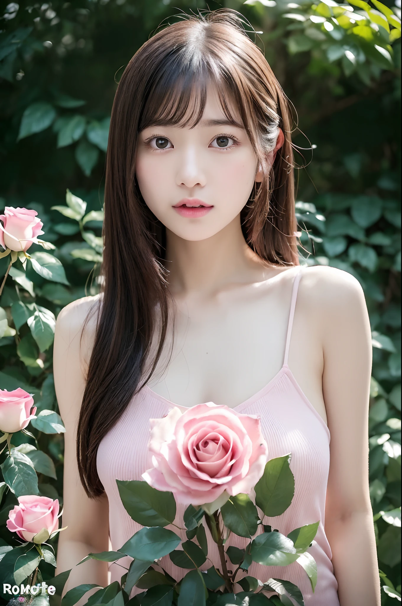 (in 8K,Raw photography,Highest Quality,realisitic,Photorealsitic,extremely delicate and beautiful,Highly detailed,finely detail,ultra-detailliert,hight resolution:1.3),japanes, femele、(age19)、Viewer's Perspective　Beautiful and shiny straight bob hair　Bangs are parted in the middle　Embarrassed look　Half-open lips　(Beautiful fece:1.2) (kawaii:1.3) front facing　Half-open lips　Beautifully groomed hair　((Beautiful pink rose garden on background))、((Accurate and detailed human body:1.3)) Erotic look　Colossal tits