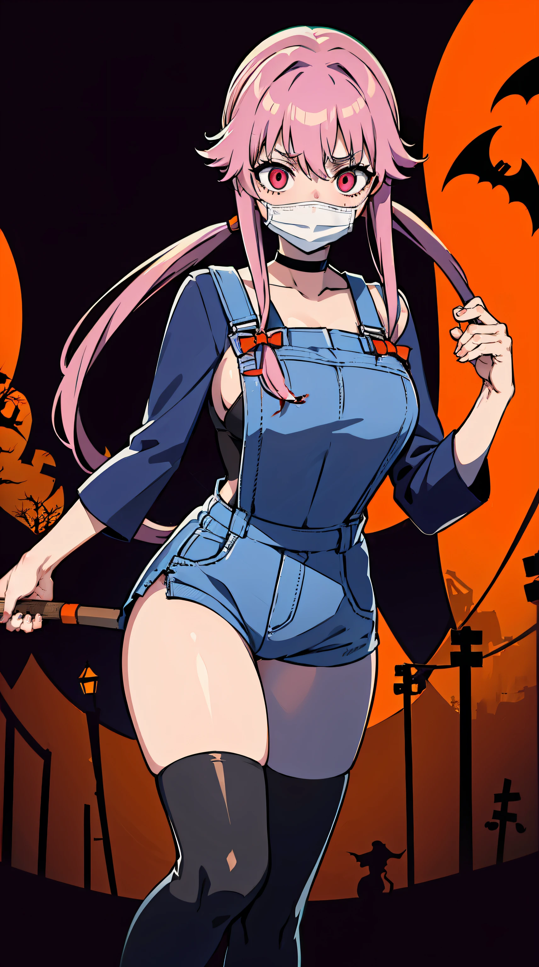 explicit, beautiful, amazing, high quality, detailed background, a woman with large breast in a woods, 1girl, breasts , , , pink hair, large breasts, twintails, long hair, solo focus, mirai nikki, black choker, dark grey overalls, leather gloves, black boots, ((face mask)), red eyes, chasing you through the woods, ((nigth)), crazy, ((crazy eyes)), ((crazy stare)) holding a bloody knife, (fanart of Gasai Yuno), (angry eyes:1.1), (perfect hands:1.5), (masterpiece), best quality, expressive eyes, VHS, ((nigth)), (Parfect Hand:1.7), 4k, 8k, 1980s, from below, (standing over you), wearing a jacket, (Blood:1.1), ((murderer)), (blood splatter:1.5), (Halloween:1.5), (horror:1.5)