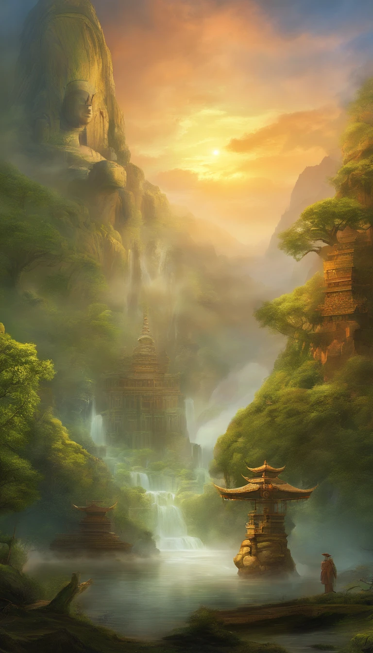 der riese, Realistic depiction of Leshan Buddha, Blend seamlessly with nature, surrealism, Ultra-detailed, Photorealistic:1.37, 3D Rendering, Cinematic lighting, Divine Light, Ultra-high definition, masutepiece:1.2, Textured skin, Best Quality, High resolution