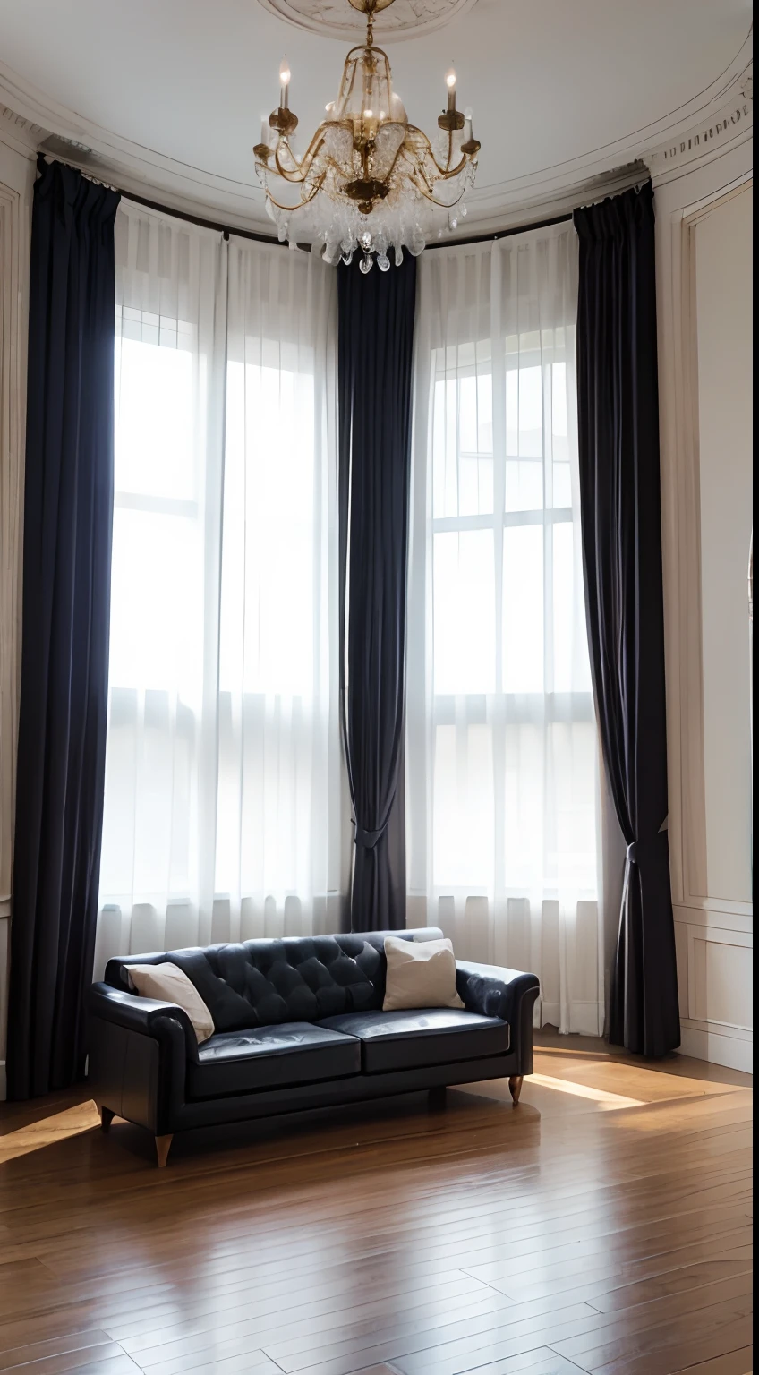 tmasterpiece,best qualtiy,((best qualtiy)),(tmasterpiece),(realisticlying)(Bright colors:1.2),symetrical composition,Bright tones,No Man,Living room
White walls and wooden floors,In the center is a black fabric sofa,In front is a glass coffee table。A simple clock hangs on the wall,On the ground is a round brown carpet。The curtains are white tulle,Sunlight shines through the window,Illuminates the entire space。,Fundo sala de estar