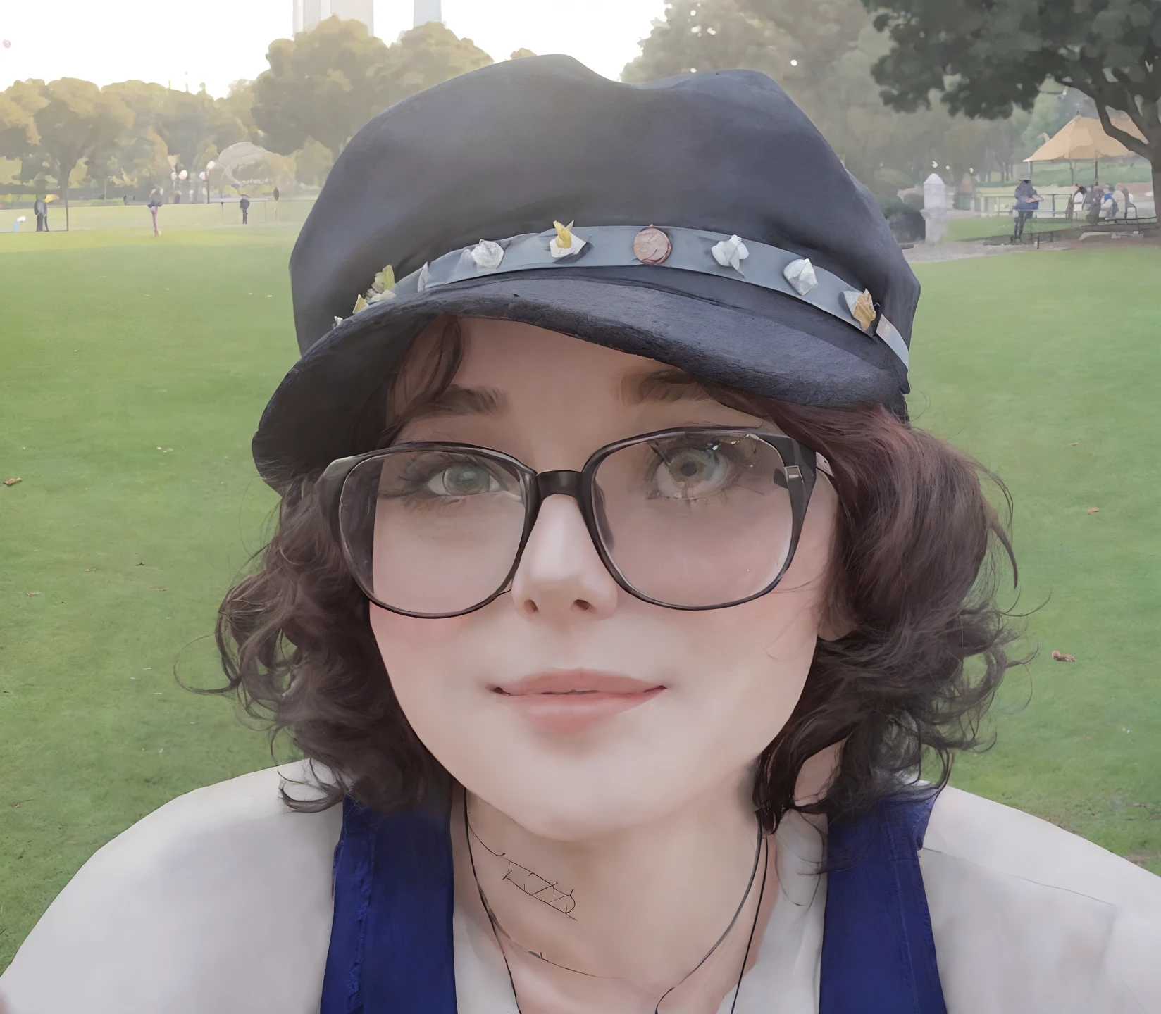 There's a woman wearing a hat and glasses in a park, wearing a chocker and cute hat, em um parque, with a weird hat, it's wearing a cute little hat, com um parque ao fundo, Parque em segundo plano, no parque, taken in the early 2020s, Alanis Guillen