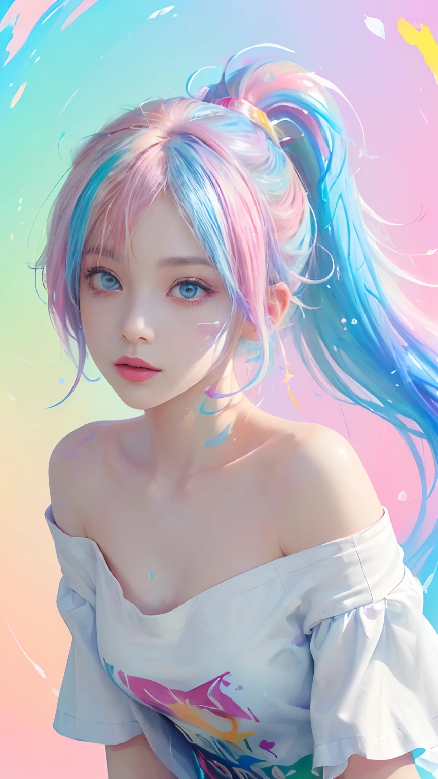 (Camiseta Moda Rosa:1.9),(cabelo colorido: 1.8), (all colors of the rainbow: 1.8),(((((vertical pintaring:1.6))), (pintaring:1.6),frente, comics, illustrations, pintarings, olhos grandes, olhos cristalinos,( rainbow color gradient high ponytail:1.7), maquiagem requintada, boca fechada,(Pequeno fresco: 1.5),(Clean the chest: 1.6) ,long eyelashes, camiseta branca ombro a ombro, camisa de ombro branca,looking at the audience, grandes olhos lacrimejantes, (rainbow colored hair:1.6), respingo de cor, (Sozinho:1.8), respingo de cor, color explosion, thick pintar style, messy lines, ((brilhando)),(colorida), (colorida), (colorida), colorida, Thick pintar Style, (Respingo) (Color Respingo), Vertical pintaring, tronco, pintar Respingo, acrylic pigment, gradiente, pintar, A mais alta qualidade de imagem, Mais alta qualidade, obra de arte, Sozinho, profundidade de campo, Face pintar, colorida clothes, (elegante: 1.2), Maravilhoso,cabelo longo, Vento, (elegante: 1.3), (petals: 1.4),(((obra de arte))),(((Melhor qualidade))),((ultra-detalhado)),(illustration),(dynamic angle),((Flutuando)),(pintar),((cabelo desgrenhado)),(Sozinho),(1 garota) , (((rosto de anima detalhado))),((lindo rosto detalhado)),colarinho,Ombros nus,cabelo branco, ((colorida hair)),((cabelo com mechas)),lindos olhos detalhados,(gradiente color eyes),(((colorida eyes))),(((colorida background))),(((high saturation))),(((surrounded by colorida splashes))),