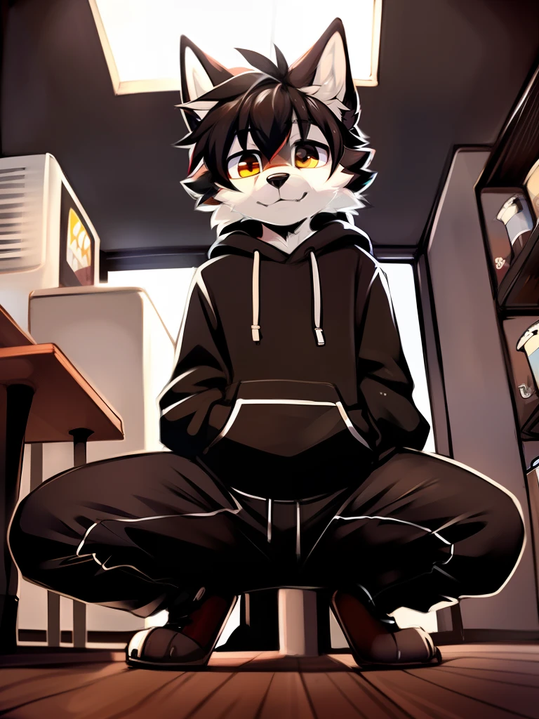 author: zackary911, (Coffee Soda: 1.1), hioshiru, zackary911, wolf, humans, boy, bara, Tight black hoodie, body hair, Look up, clear., From a small point of view.., (He's looking down at the little one..), curvy thighs, huge thighs, Beep, Lean down.., squat, low angle, foot, Scary
