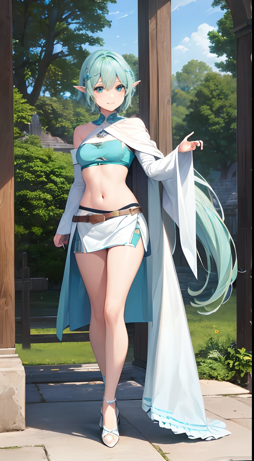 Solo,Absurd resolution、hight resolution、(masterpiece:1.4)、ultra-detailliert、(Detailed finger),(One Elven Woman)、beautiful detailed women、adult lady,Lovely smile,A detailed face、clear and beautiful, Character as the main point of view, Radiant skin, Girls, femele, 年轻, (blue green hair)、,(Medium aquamarine color hair:1.6),(Habitual hair、short-cut)、(blue green hair:1.6),kawaii、beautiful countenance、beautidful eyes,((thief))、Fantasy costume,Original Character,、((thief)),(White cloak:1.3),((Costumes of medieval Europe)),,(Colossal tits:0.7), (croptop:1.5), (Holter shoulder:1.3),(shortpants:1.3),(Cape:1.3),(Facing:1.2),(Full body portrait),(Standing:1.3),(shoes on),Simple background、((white backgrounid))