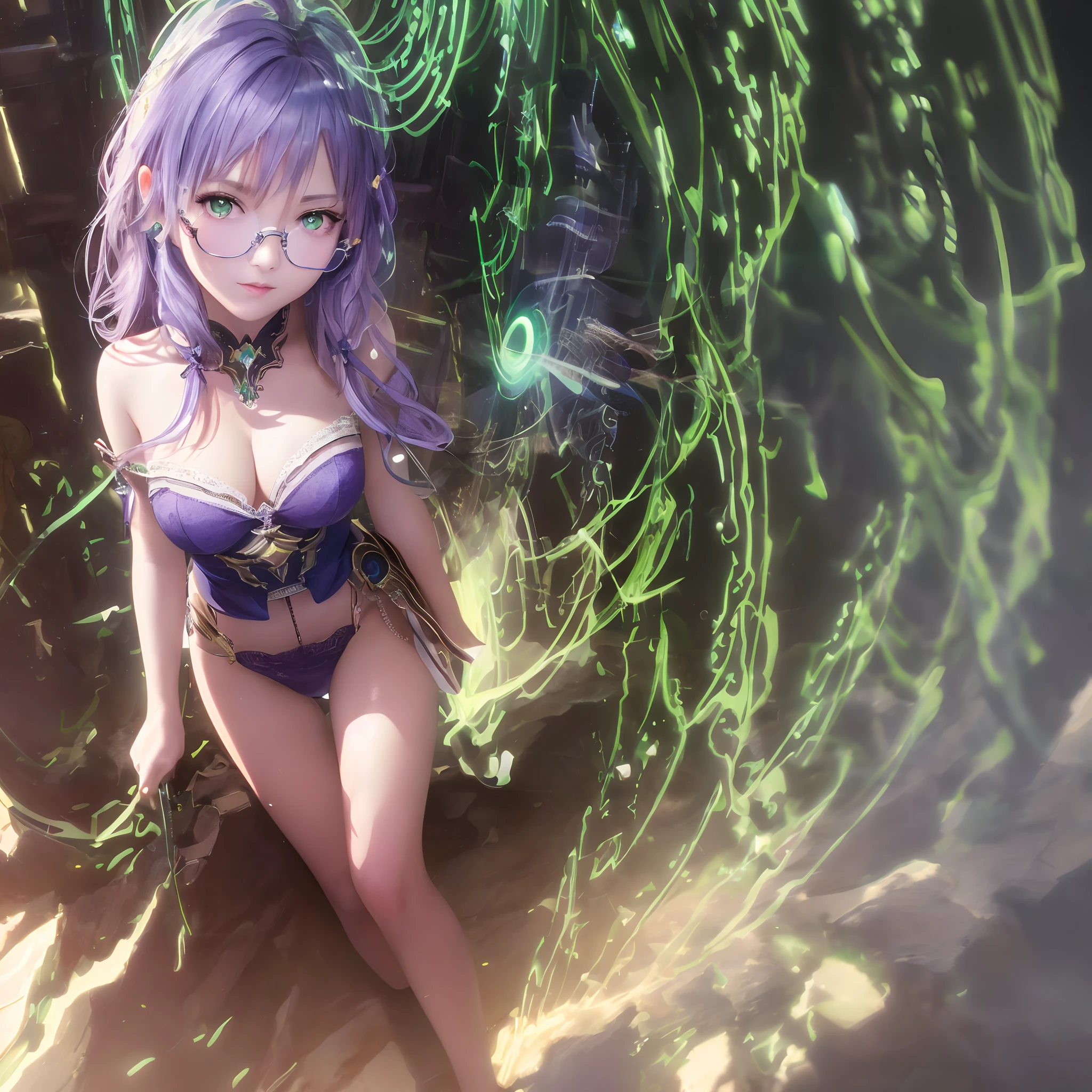 masterpiece, top-quality, (the Extremely Detailed CG Unity 8K Wallpapers), (top-quality), (The best illustrations), (Best Shadows), absurderes, Realistic lighting, (abyss), beautiful detailed brilliance, Art by Peter Mohr Bacher, Soft lips, shiny lip, A detailed eye, Light purple hair,green colored eyes,eye glass
