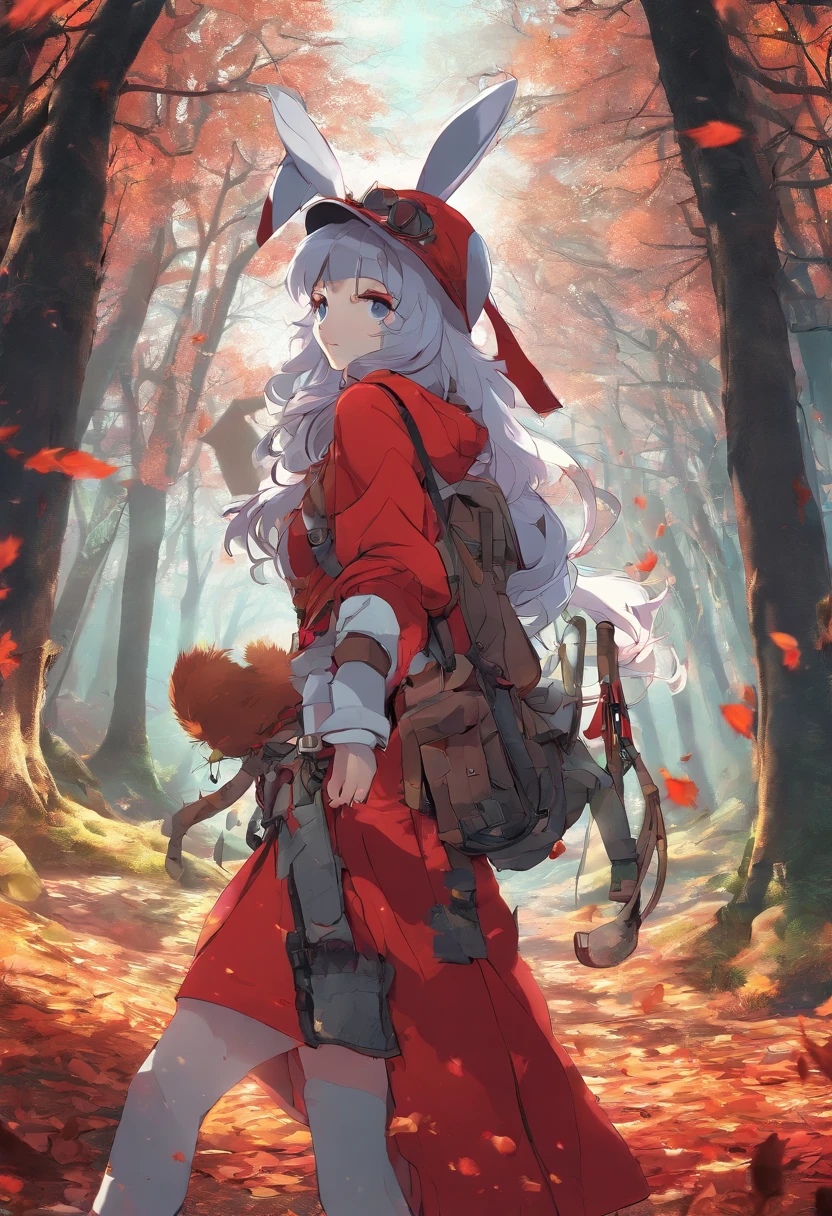 3D rendering of (Photo of an adventurous rabbit sister standing on a path in the autumn leaves), hairy, Clear and beautiful face, Big green bright eyes, Binoculars hanging from her chest, Sister Bunny wears a green and stylish adventure outfit, Red hiking boots on his feet, Big, cute ears, Red and green camping hats, fashionable sunglasses, Carry a green shoulder bag, trowels, Camping utensils, A compass tied to many adventure tools,
Curiously explore expressions, Cartoon, 4D, Fox,
Background: Autumn Leaf Forest Trail Red Forest, autumn forest, red illuminating fog, In the Red Dream, really beautiful forest, Beautiful forest, Beautiful hazy wood, Red shade spray, Breathable and beautiful trees, breath-taking beautiful trees, red fog, beautiful forests and trees, Bright but dark red, red trees,{{Masterpiece}},{{{Best quality}}},{{Ultra-detailed}}, {{{illustration}}},{{Disheveled hair}},concept art of character,Game scene graph,Clear facial features,close up photograph,Photography,postapocalyptic,Masterpiece,archviz/building rendering,Quixel Megascans Render,corona rendered,rendering by octane,v-ray,High detail,hyper qualit,high resolution,trending on artstationh,hyper photorealism,surrealism,HD,8K tilt shift,Long shot,Split Lighting,