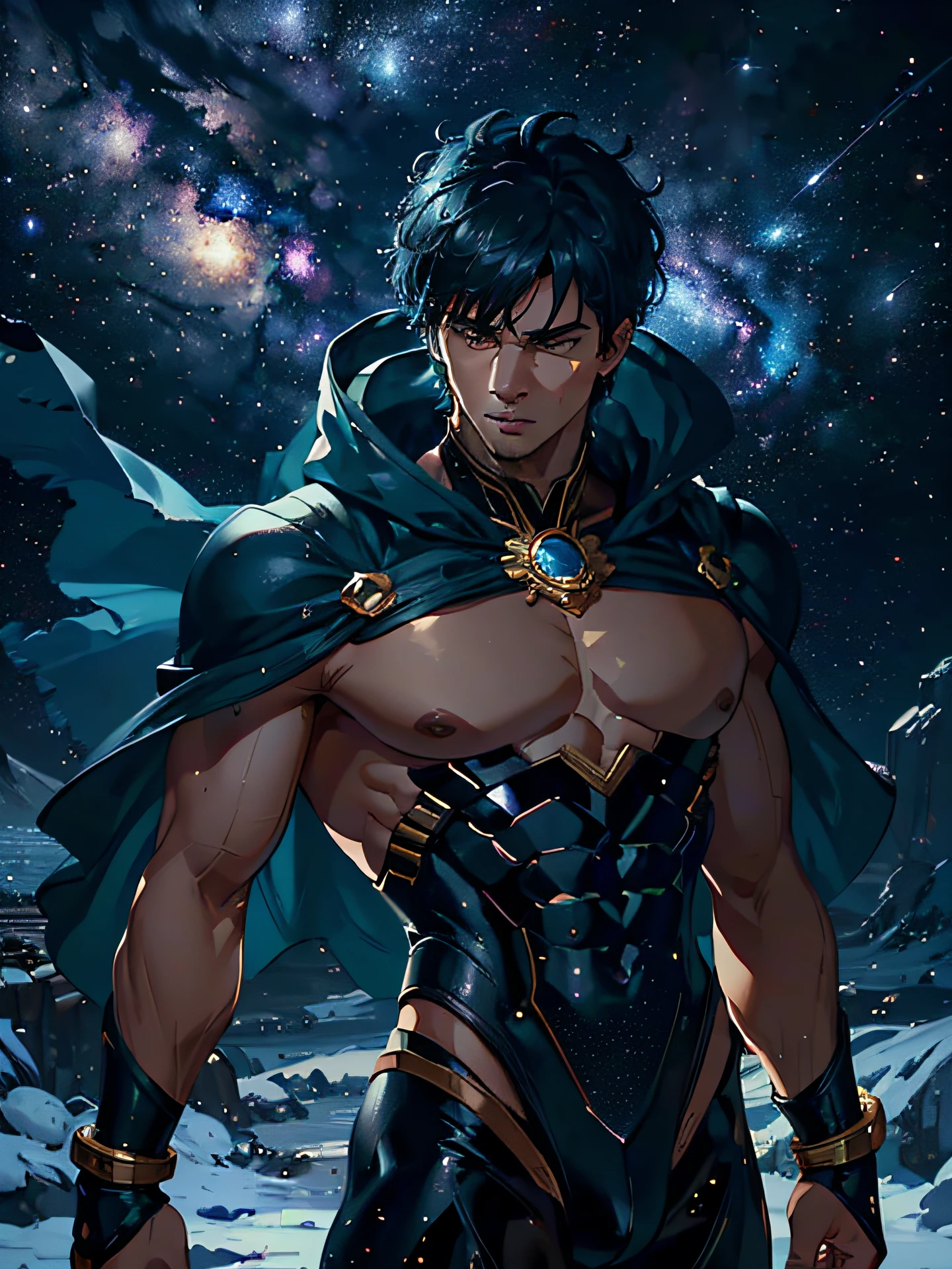 Top quality, Photorealistic, 8K, High Definition, Unity 8K wallpaper, high res, ultra sharp, masterpiece, ((masterpiece)), best quality, intricate details, expressive eyes, perfect face, detailed face, detailed eyes, masterpiece, highly detailed exquisite character art, melancholy lighting, cinematic lighting, ultra-realistic, detailed body, detailed muscles, detailed muscles, bulge, ((1male)) bodybuilder, the muscular, handsome, attractive, sexy, charming, bara, large chest, comic being, comet man, galaxy, milky way, cosmos, galaxy skin, comet hair, god of the universe, deity, on the moon., king of the universe, galaxy cape, super black skin