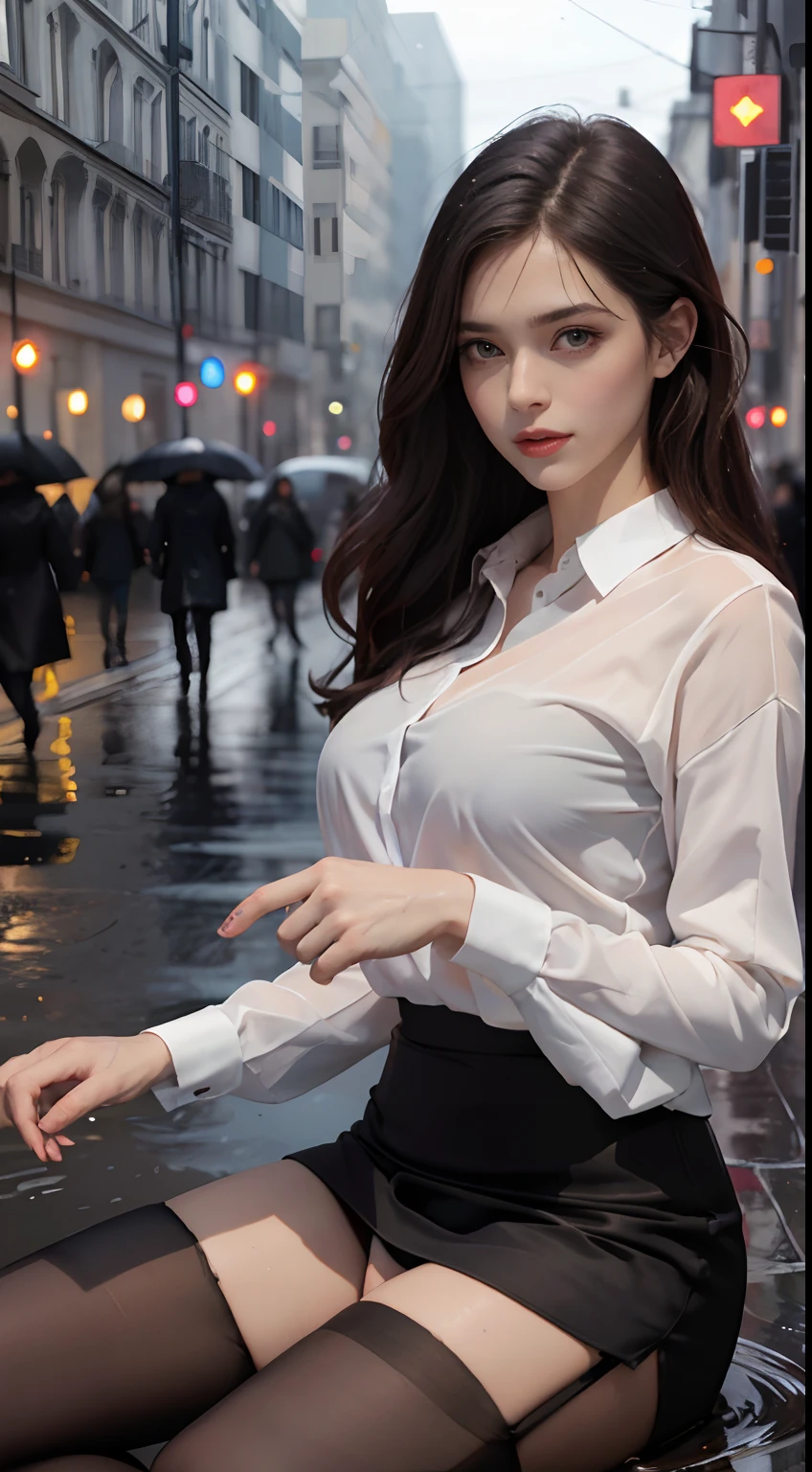 ((Realistic lighting, Best Quality, 8K, Masterpiece: 1.3)), Focus: 1.2, 1girl, Perfect Beauty: 1.4, Slim Abs: 1.1, (Big Breasts), (White Shirt: 1.4), (Outdoor, Night: 1.1), City Street, Super Fine Face, Fine Eyes, Double Eyelids, (Over the Knee Black Stockings: 1.5), (Wet in the Rain, Wet: 1.2)