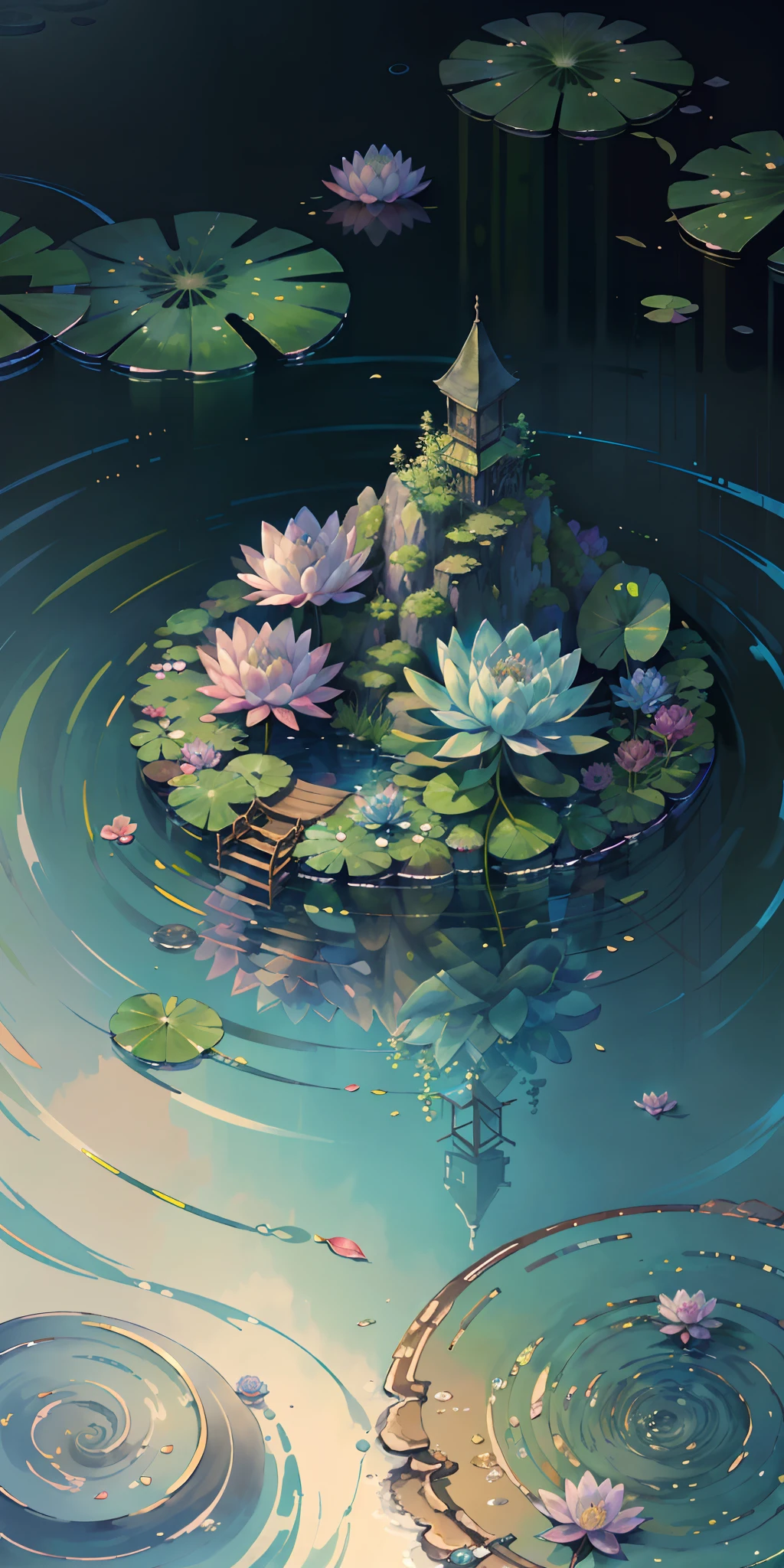 Original,masutepiece, (illustratio:1.1),(best qualtiy),(tmasterpiece:1.1),(the Extremely Detailed CG Unity 8K Wallpapers),(Farbe:1.2),water lily,Water lily petals,scenecy,rivers|Wagas,