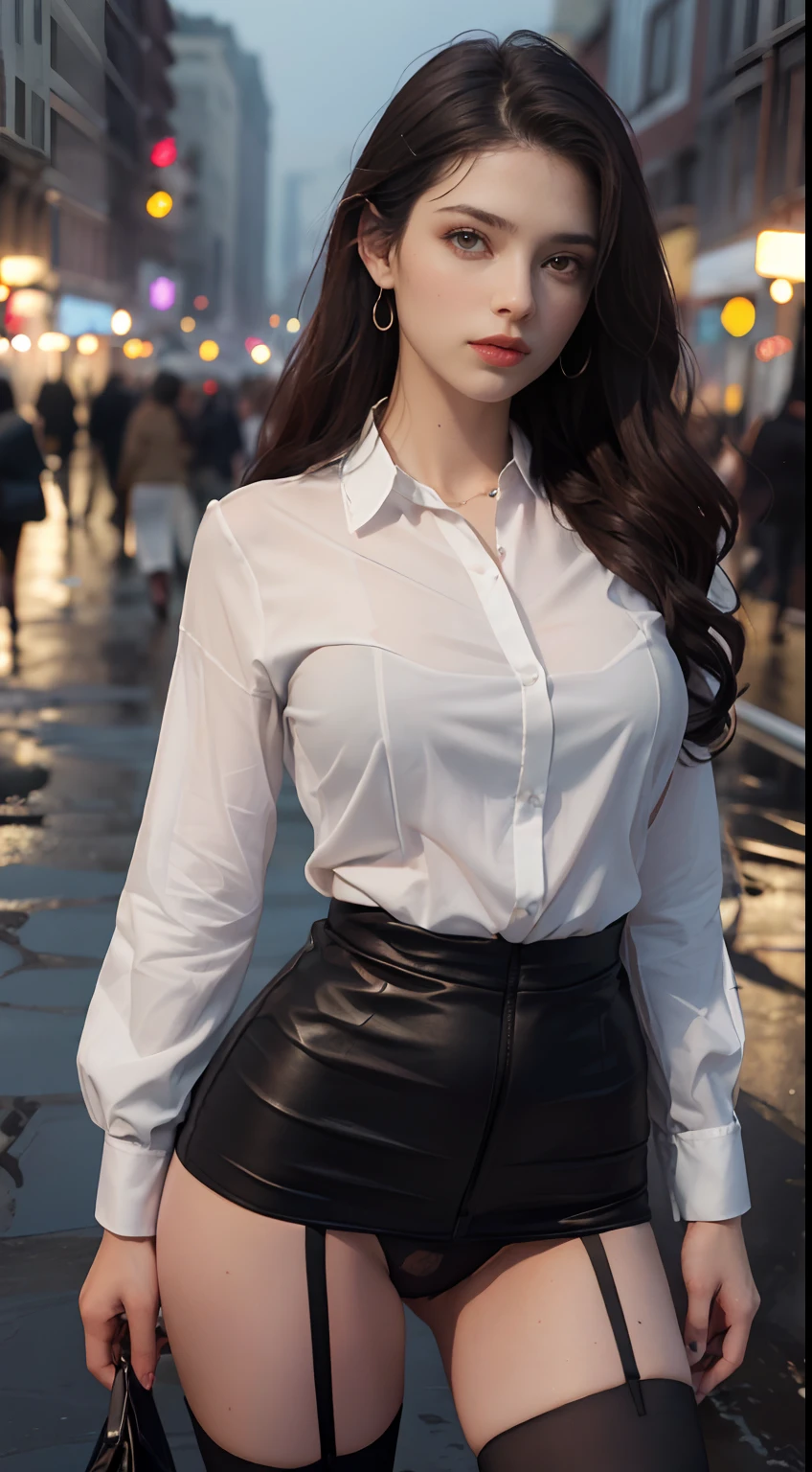 ((Realistic lighting, Best Quality, 8K, Masterpiece: 1.3)), Focus: 1.2, 1girl, Perfect Beauty: 1.4, Slim Abs: 1.1, (Big Breasts), (White Shirt: 1.4), (Outdoor, Night: 1.1), City Street, Super Fine Face, Fine Eyes, Double Eyelids, (Over the Knee Black Stockings: 1.5), (Wet in the Rain, Wet: 1.2)