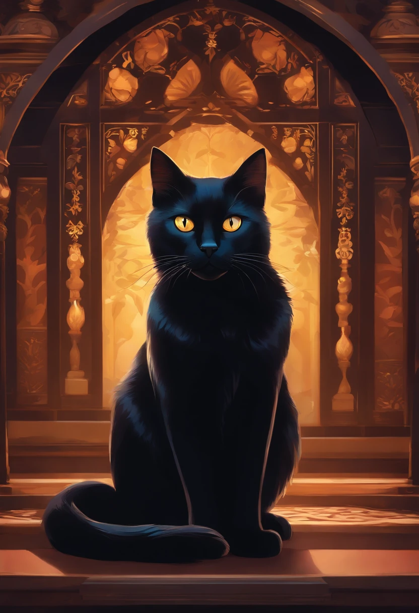 A black cat looking straight, Multidimensional art style, royal background, 16K HD wallpaper,top-quality,Ray tracing,ghibli artstyle,Anime real cat-animal concept art