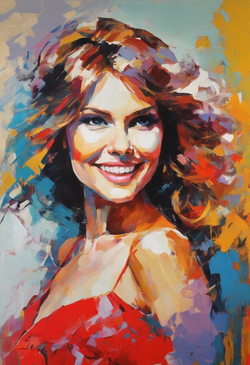 portraite of a woman, beautiful nordic woman, similar to Sally Field, Long champagne hair, smiling eyes, looking up at the camera, smiling mouth, Red dress with plunging neckline, Acrylic painting, Bold and expressive brush strokes, Impressionistic style, Detailed Face, Epic Surreal Background, Very heavy brushstrokes with thick textured paint, Professional Lighting & Shadows, High contrast, Fine arts of painting, Wadim Kashin.