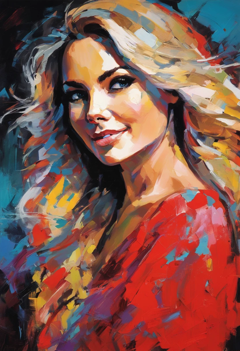 portraite of a woman, beautiful nordic woman, similar to Sally Field, Long champagne hair, smiling eyes, looking up at the camera, smiling mouth, Red dress with plunging neckline, Acrylic painting, Bold and expressive brush strokes, Impressionistic style, Detailed Face, Epic Surreal Background, Very heavy brushstrokes with thick textured paint, Professional Lighting & Shadows, High contrast, Fine arts of painting, Wadim Kashin.
