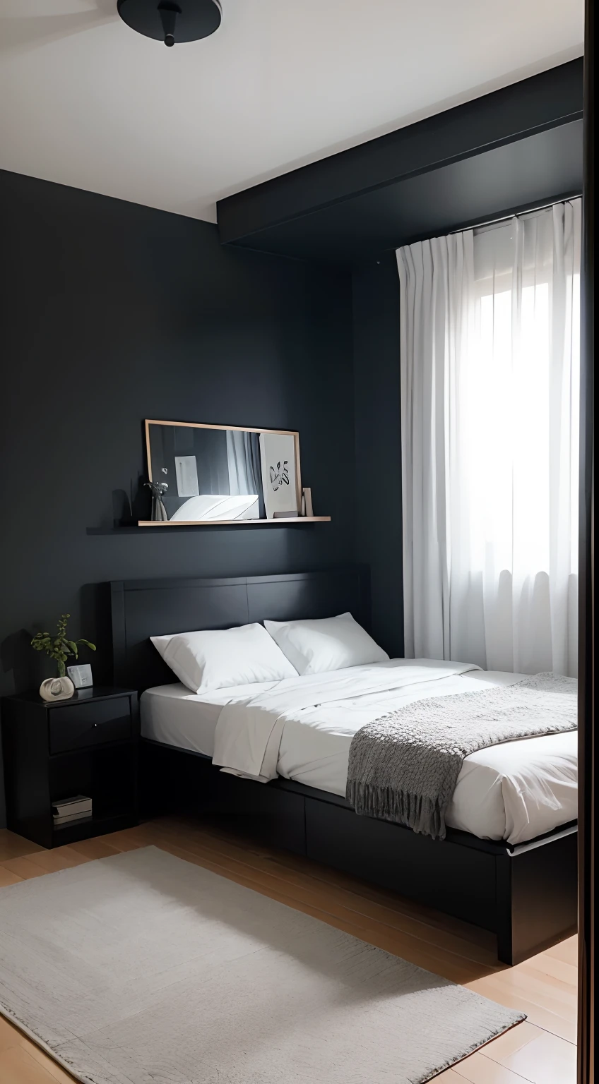 tmasterpiece,best qualtiy,((best qualtiy)),(tmasterpiece),(realisticlying)(Bright colors:1.2),symetrical composition,Bright tones,No Man,bedchamber
The double bed with white sheets and gray duvets is located in the center,The head of the bed is a simple wooden shelf。A black and white line painting hangs on the wall,On the other side is a long floor mirror。Place an oval rug in front of the bed。Fundo sala de estar