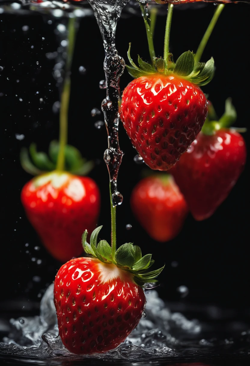 cinematic RAW photo,foto ultra real,Ultra foto realsisim,Digital SLR,soft lighting,Product photo of 5 strawberries falling into the water、Drippy、Splash clear liquid、water bloom,dynamic compositions,(master part) (best quality) (circunstanciado) (Cinematic lighting) (foco nítido) (intrincado), master part, best quality, ultrahigh-resolution, 8K UHD