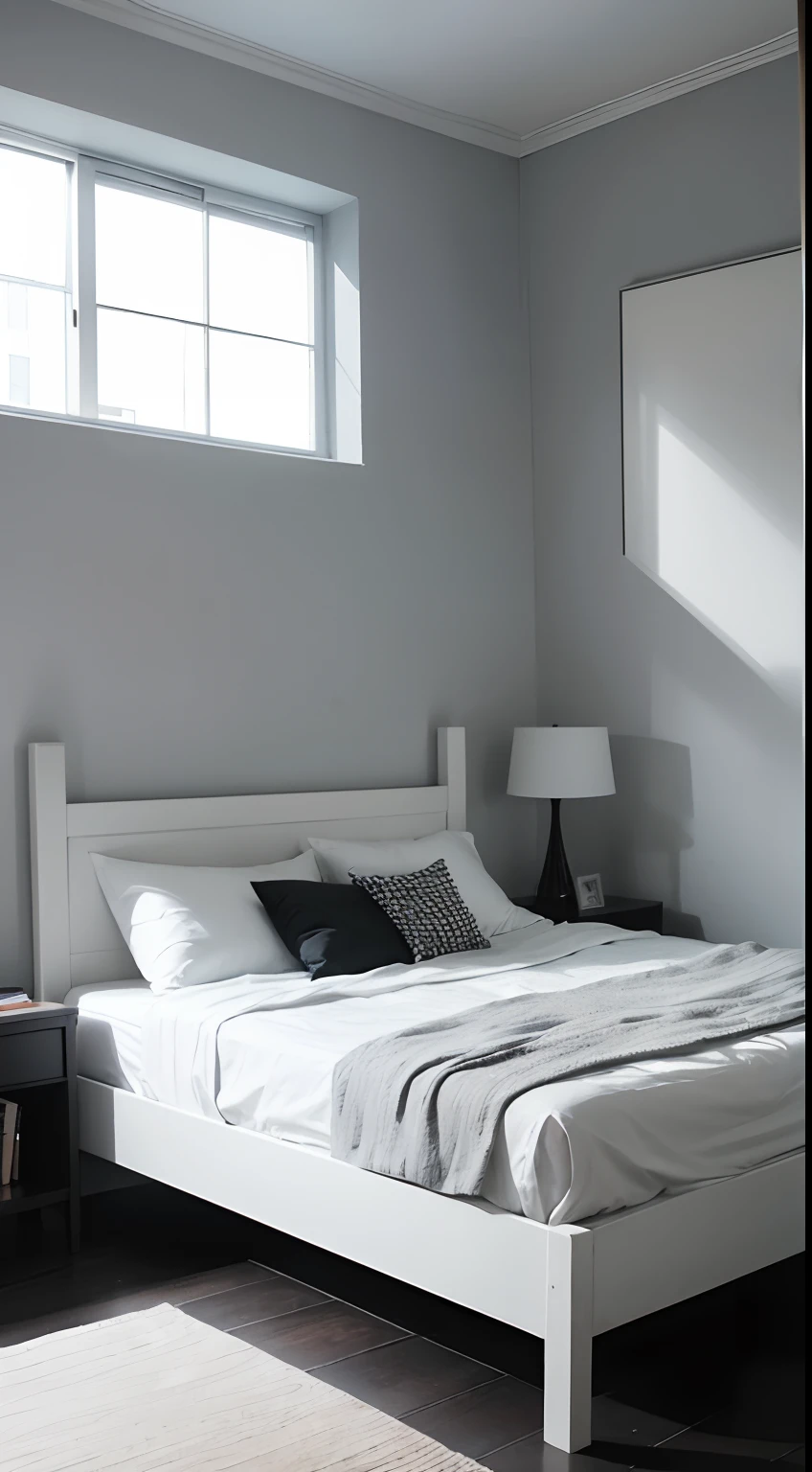 tmasterpiece,best qualtiy,((best qualtiy)),(tmasterpiece),(realisticlying)(Bright colors:1.2),symetrical composition,Bright tones,No Man,bedchamber
The double bed with white sheets and gray duvets is located in the center,The head of the bed is a simple wooden shelf。A black and white line painting hangs on the wall,On the other side is a long floor mirror。Place an oval rug in front of the bed。Fundo sala de estar