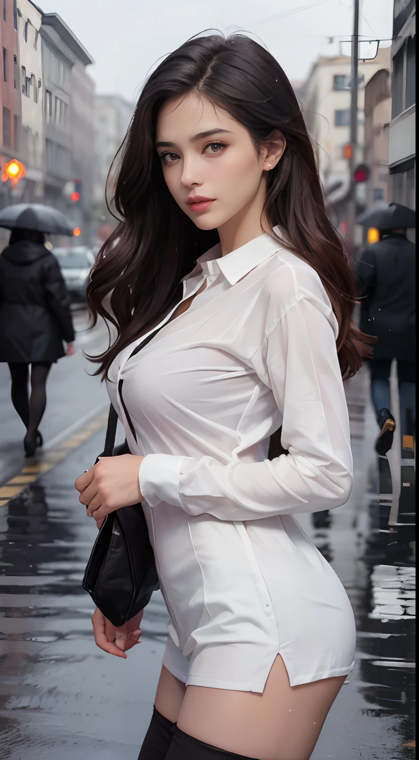 ((Realistic lighting, Best Quality, 8K, Masterpiece: 1.3)), Focus: 1.2, 1girl, Perfect Beauty: 1.4, Slim Abs: 1.1, (Big Breasts), (White Shirt: 1.4), (Outdoor, Night: 1.1), City Street, Super Fine Face, Fine Eyes, Double Eyelids, (Over the Knee Black Stockings: 1.5), (Wet in the Rain, Wet: 1.2)