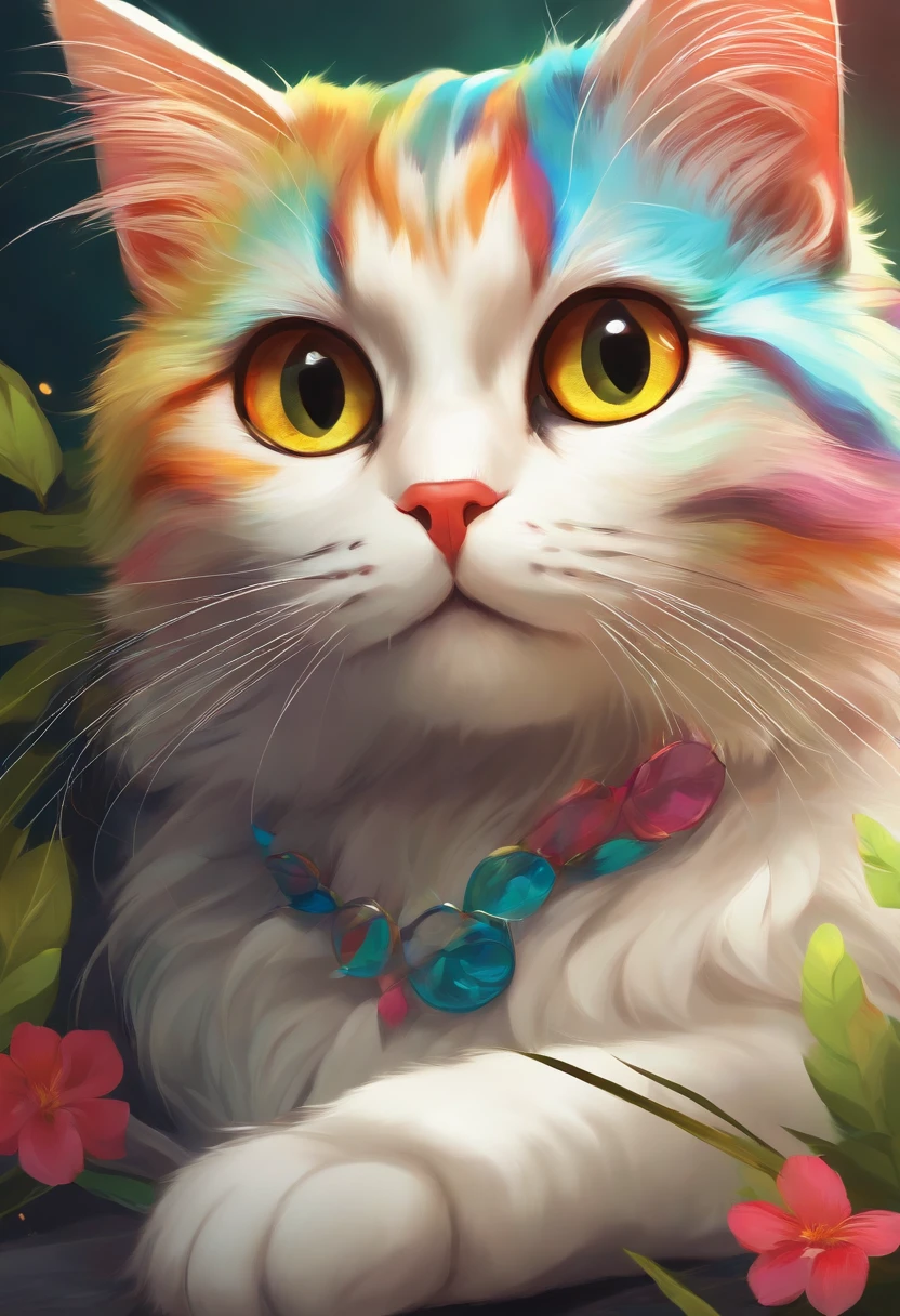 A colorful cat looking straight, Multidimensional art style, royal background, 16K HD wallpaper,top-quality,Ray tracing,ghibli artstyle,Anime real cat-animal concept art