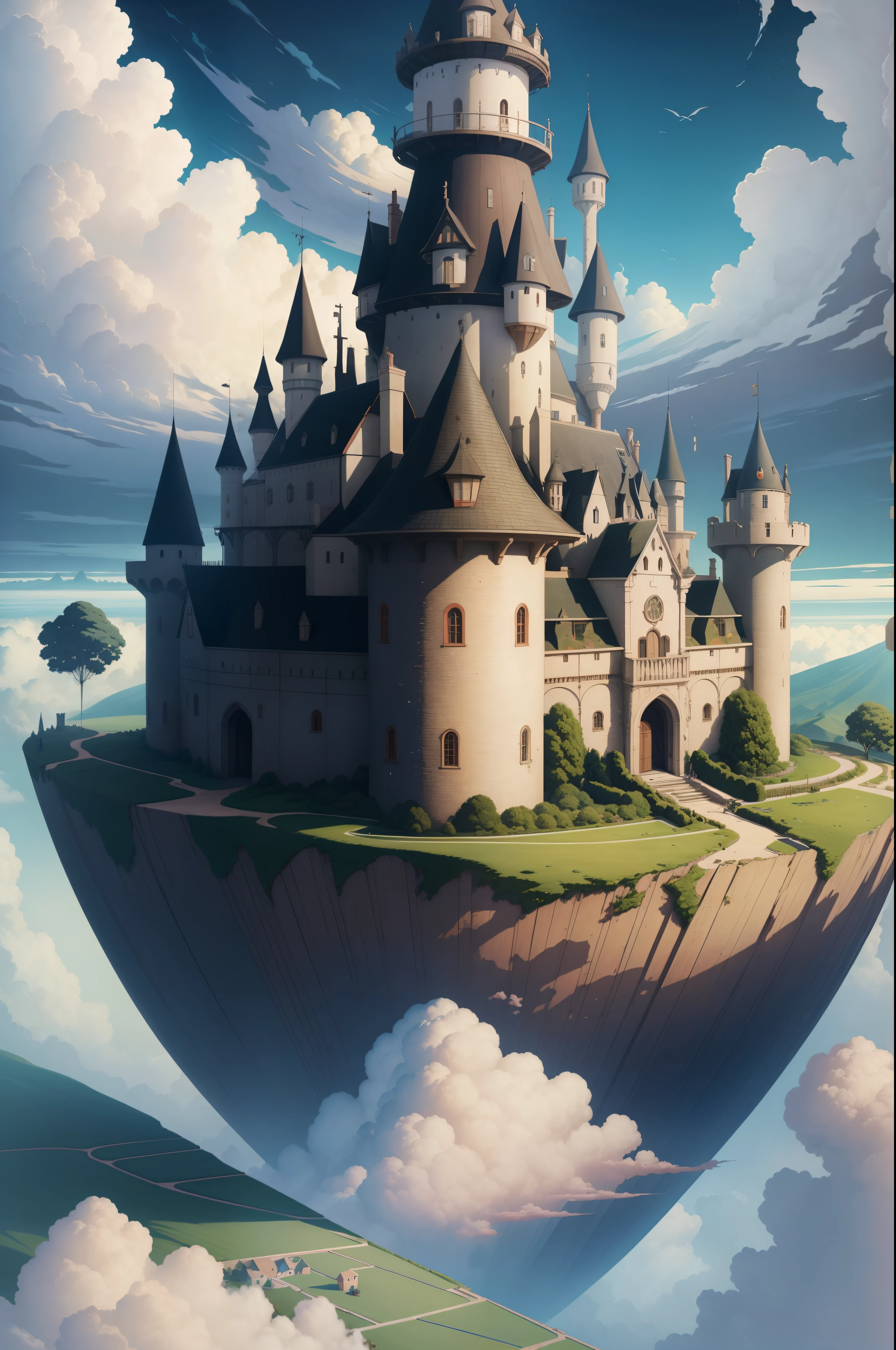 she's just a simple girl working on a farm. she lives in hard times., it's the dark ages. , crazy world, floating islands, cloud castle, (best quality:1.3), (highres:1), (detailed:1.3), (incredible:1.3), (perfect:1.3), (perfection:1.3), (volume cover art:0), (illustration:1.3), art by studio ghibli