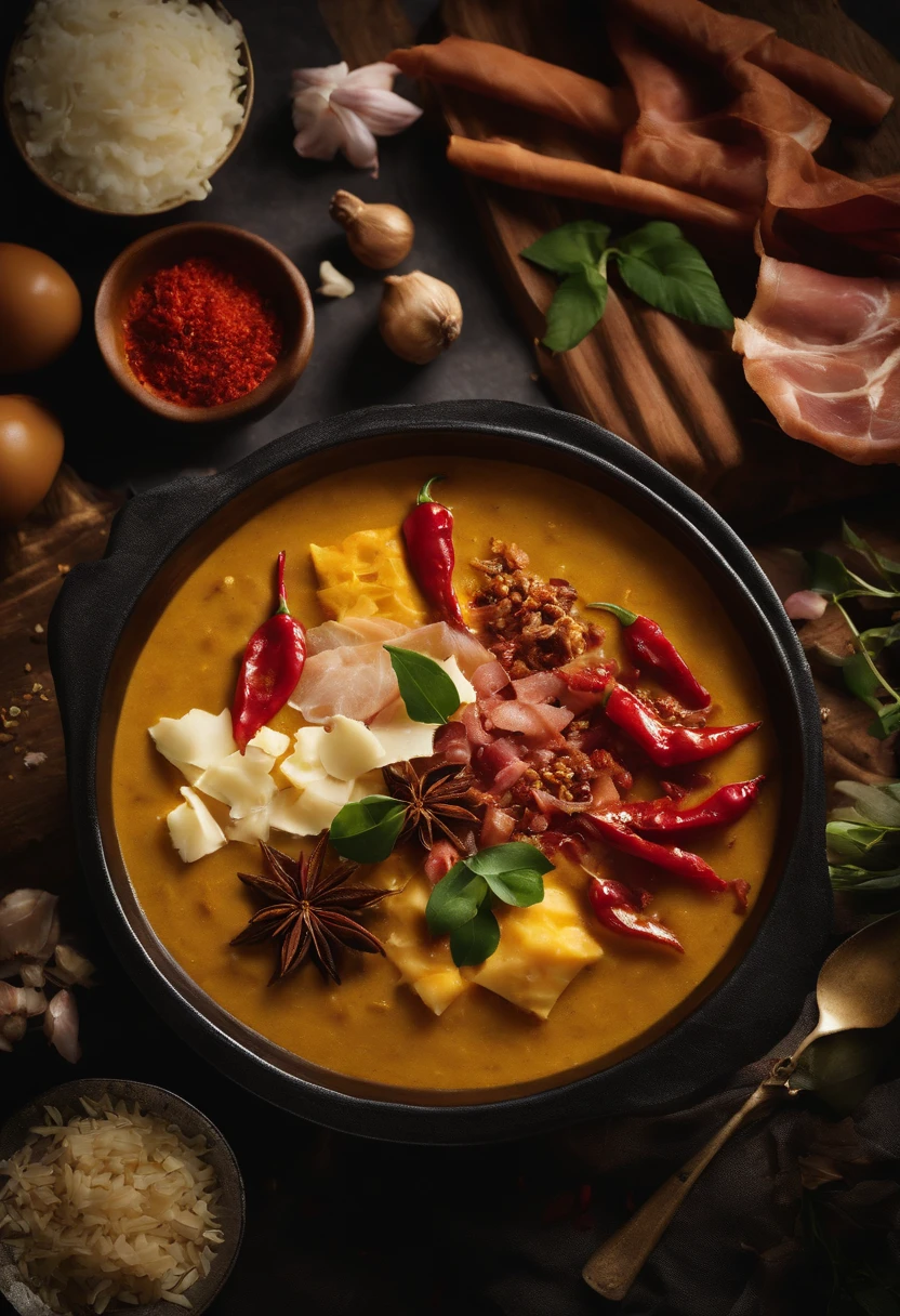 curry、curry rice、flower petals、spices、chili pepper、Flesh、Prosciutto、cheese