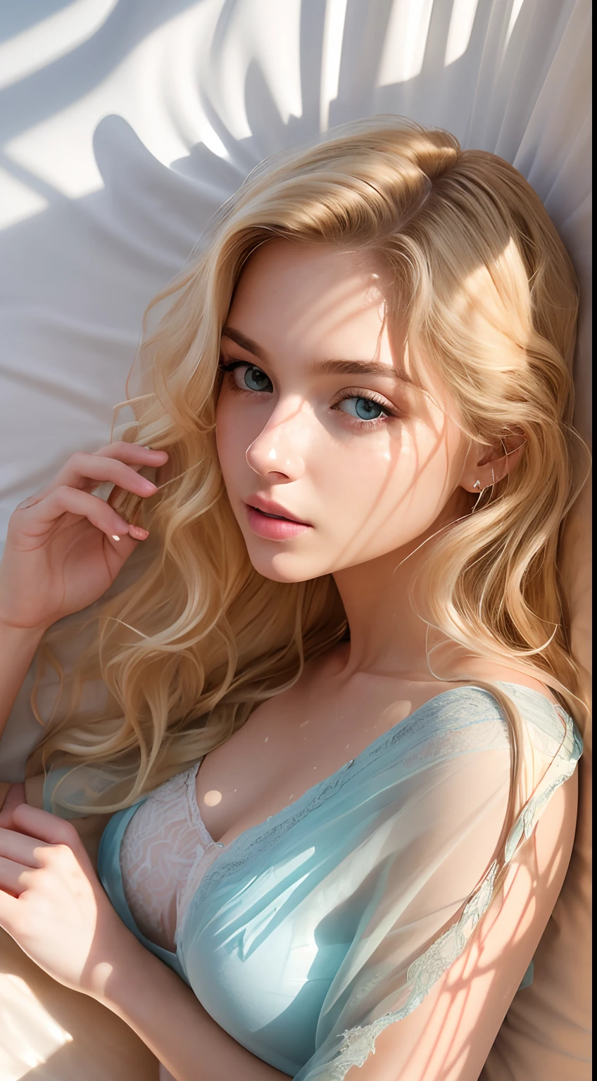 Blonde girl, alone, (Age 25:1.3), Beautiful woman, (Blonde super long wavy hair:1.3), Detailed face:1.2), ((Detailed face features:1.3)), Delicate skin, Perfect Skin, Attractive breasts, ((Portraiture:1.3)), Wrapped in silk cloth, Bedroom environment, (Lying in bed:1.3), (Cool color scheme:1.2), Fascinating, tired, A slight blush, Sweat, Reflective surface, (Now:1.3), (High resolution:1.3), ((Realistic:1.4)), masterpiece, Actual details, Shallow depth of field, Layered Cut,